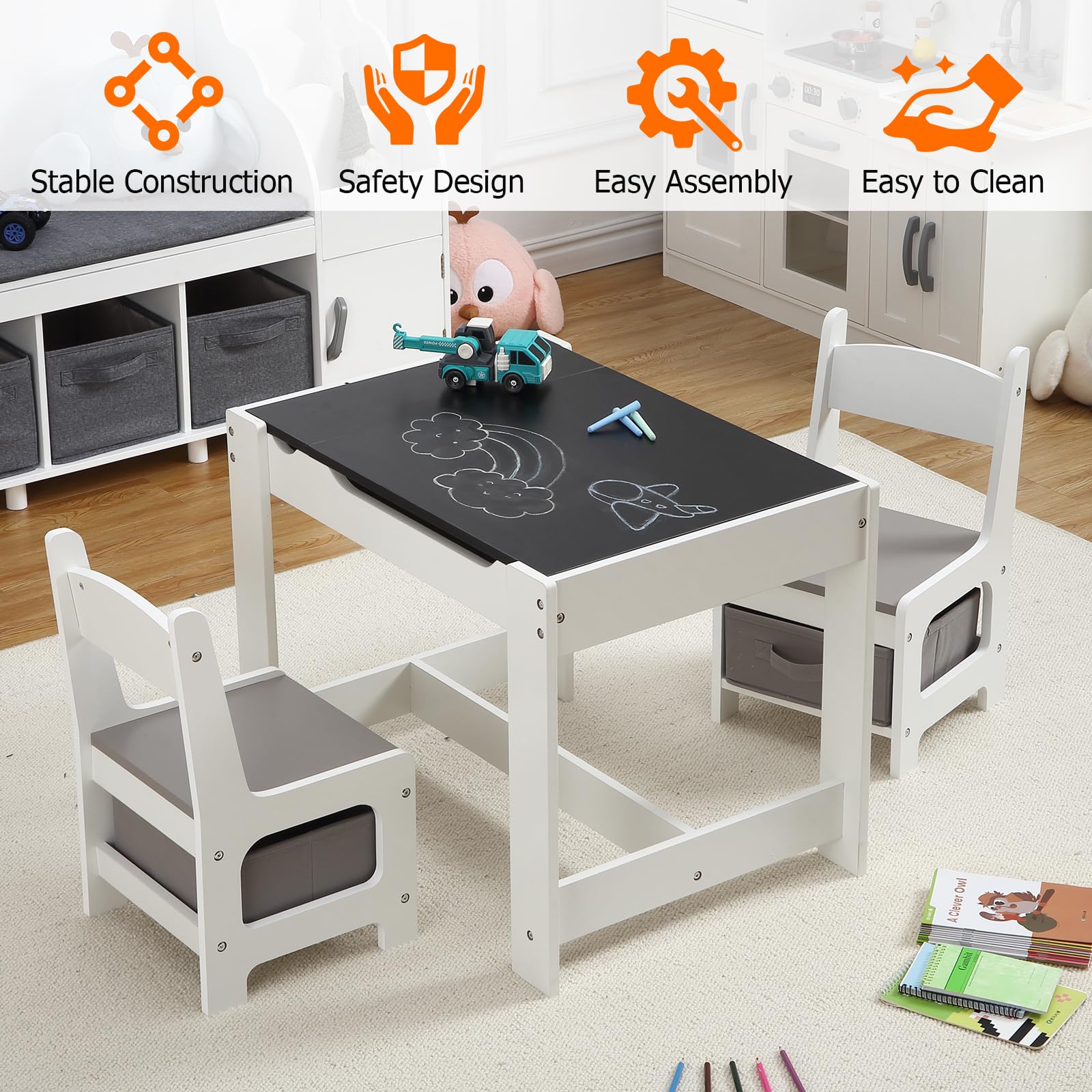 GARVEE 3-in-1 Kids Table and Chair Set with Storage Drawer - Wooden Activity Table for Toddlers Arts & Crafts - 2-in-1 Tabletop - Natural Material Playroom Furniture for Home, Kindergarten, Daycare - Perfect for Drawing, Learning & Playtime - Grey