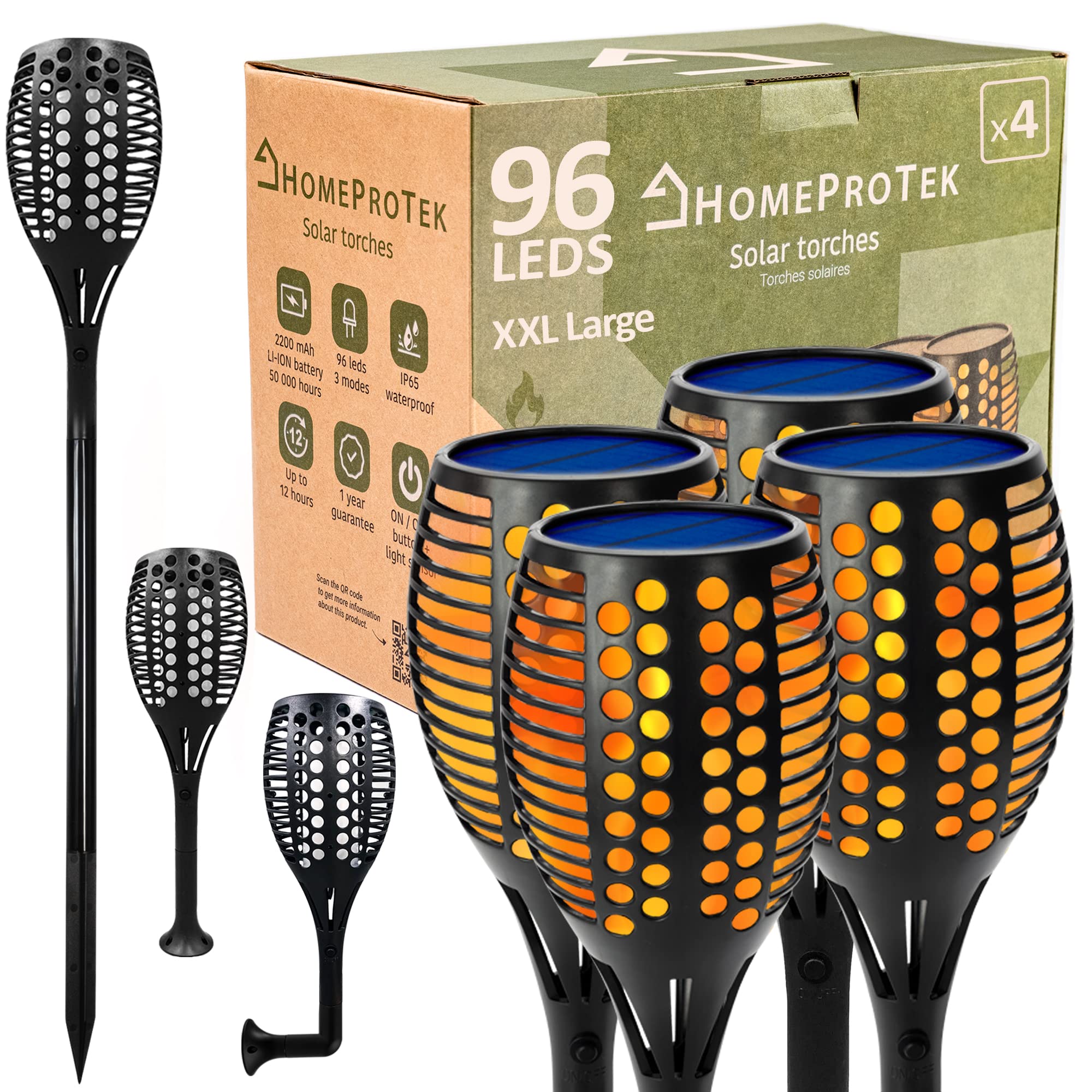HOMEPROTEK 4-Pack 96 LED Solar Outdoor Lights - Waterproof Solar Garden Lights with Flickering Flame for Pathway, Patio, Yard - Solar Torch Lights for Garden Decor & Landscape Lighting (Ideal for Backyard, Walkway, Deck)