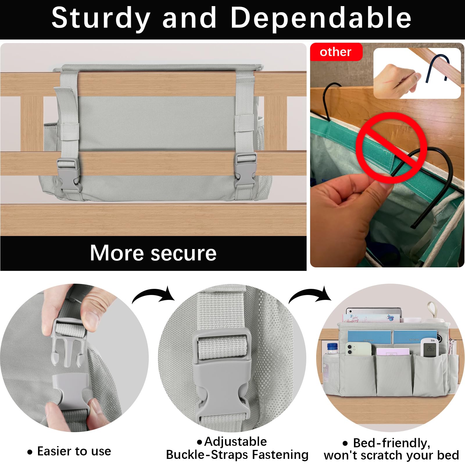 WOMACO Adjustable Bedside Storage Organizer - Light Mica Gray Hanging Basket for Bunk Beds, Loft Beds & College Dorms - Perfect for Books, Phones & Essentials - Medium Size CTB003 - Ideal for Dorm Rooms, Hospitals & Small Spaces
