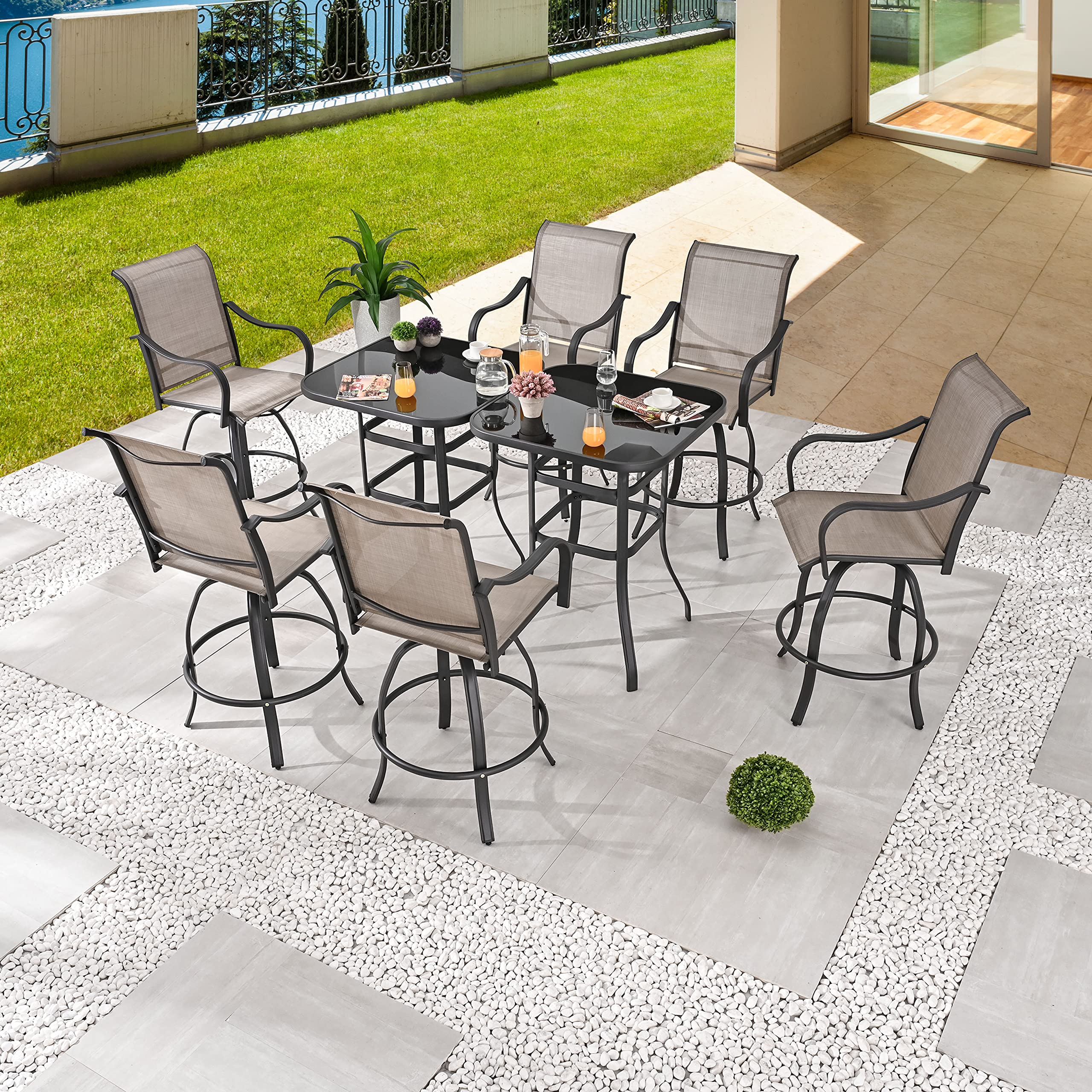 8-Piece Bar Patio Dining Set - 360° Swivel Bar Stools & Square Table with Tempered Glass Top - Outdoor Bistro Furniture for Garden, Deck, Poolside (Taupe)