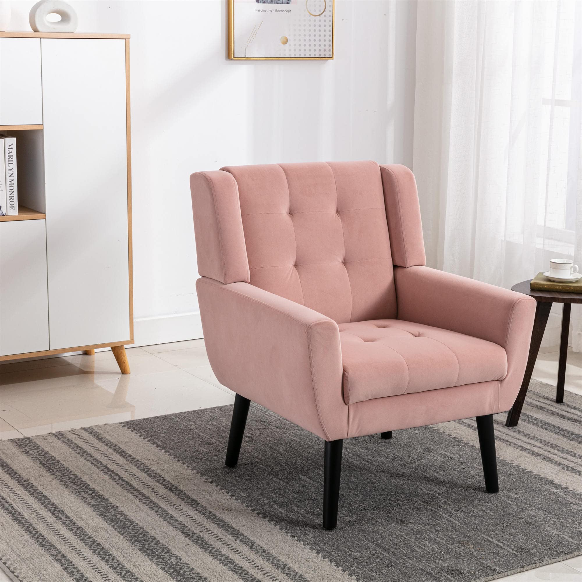 Modern Accent Chair - Upholstered Button Tufted Armchair with Linen Fabric & Black Legs, Ergonomic Living Room & Bedroom Chair in Pink - Perfect for Reading Nooks, Lounge Areas, and Home Decor