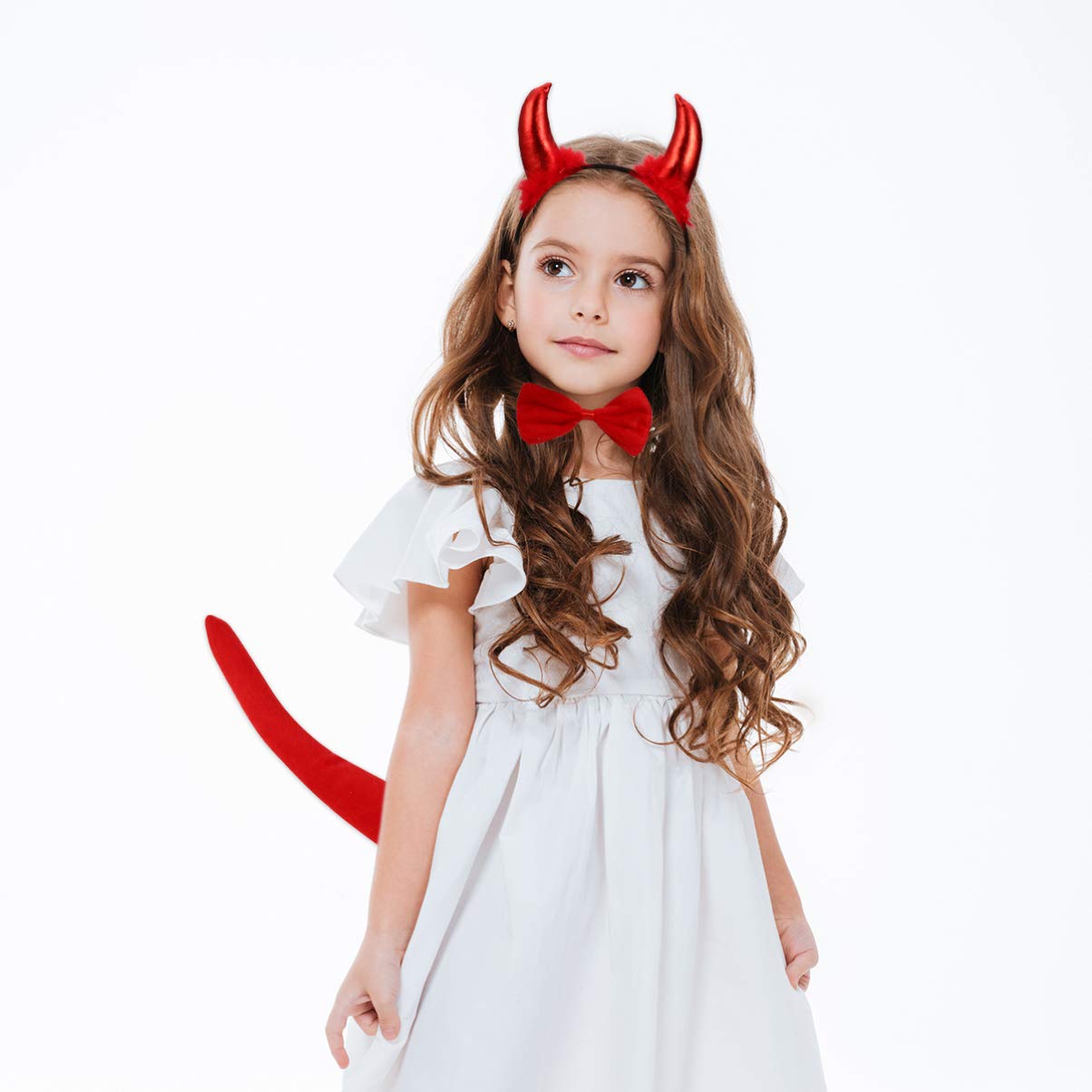 FRCOLOR 2 Pairs Halloween Devil Costume Accessories Set - Red Horn Headband, Bow Tie & Bendable Tail for Adults & Kids | Perfect for Halloween Parties, Cosplay & Themed Events