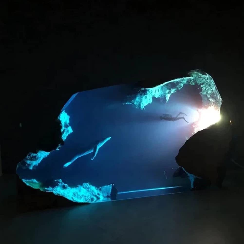 Kedejin Creative Epoxy Resin Wood LED Night Light - Large Diver & Humpback Whale Design, Deep Sea Cave Diving Theme - Perfect for Bedroom, Nursery, Home Decor and Gift Giving