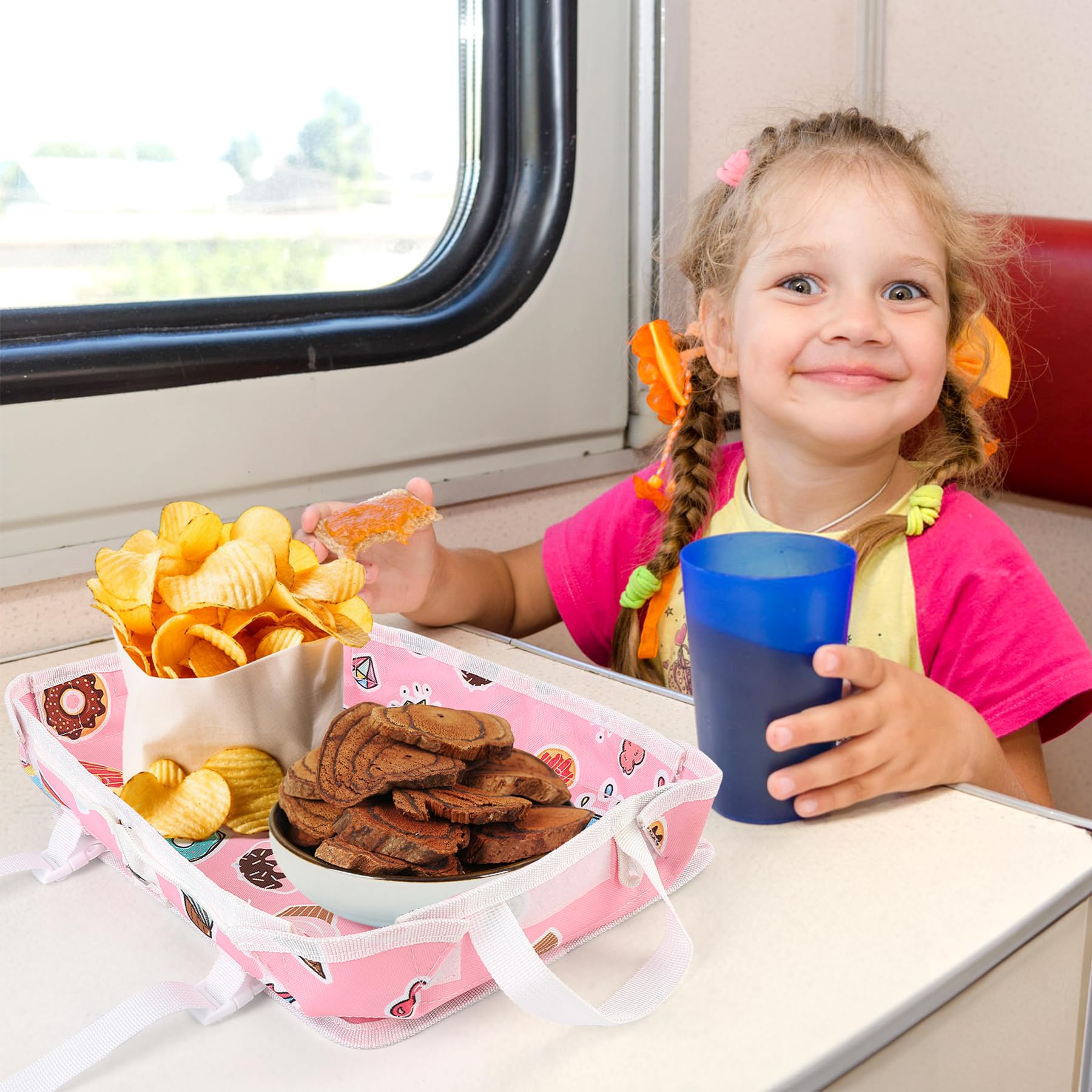 Foldable Kids Travel Tray with Storage Pockets - 2-in-1 Airplane & Car Seat Lap Tray with Crossbody Bag for Toddlers | Perfect for Snacks, Toys & Activities During Flights, Train Rides & Road Trips (Pink)
