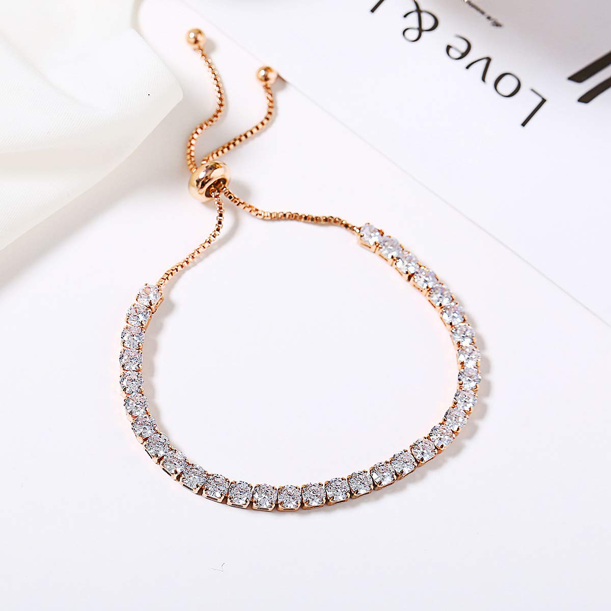 PRETTERY Adjustable White Gold & Rose Gold Plated Cubic Zirconia Tennis Bracelet for Women & Girls - Elegant Jewelry Gift for Anniversary, Birthday & Special Occasions