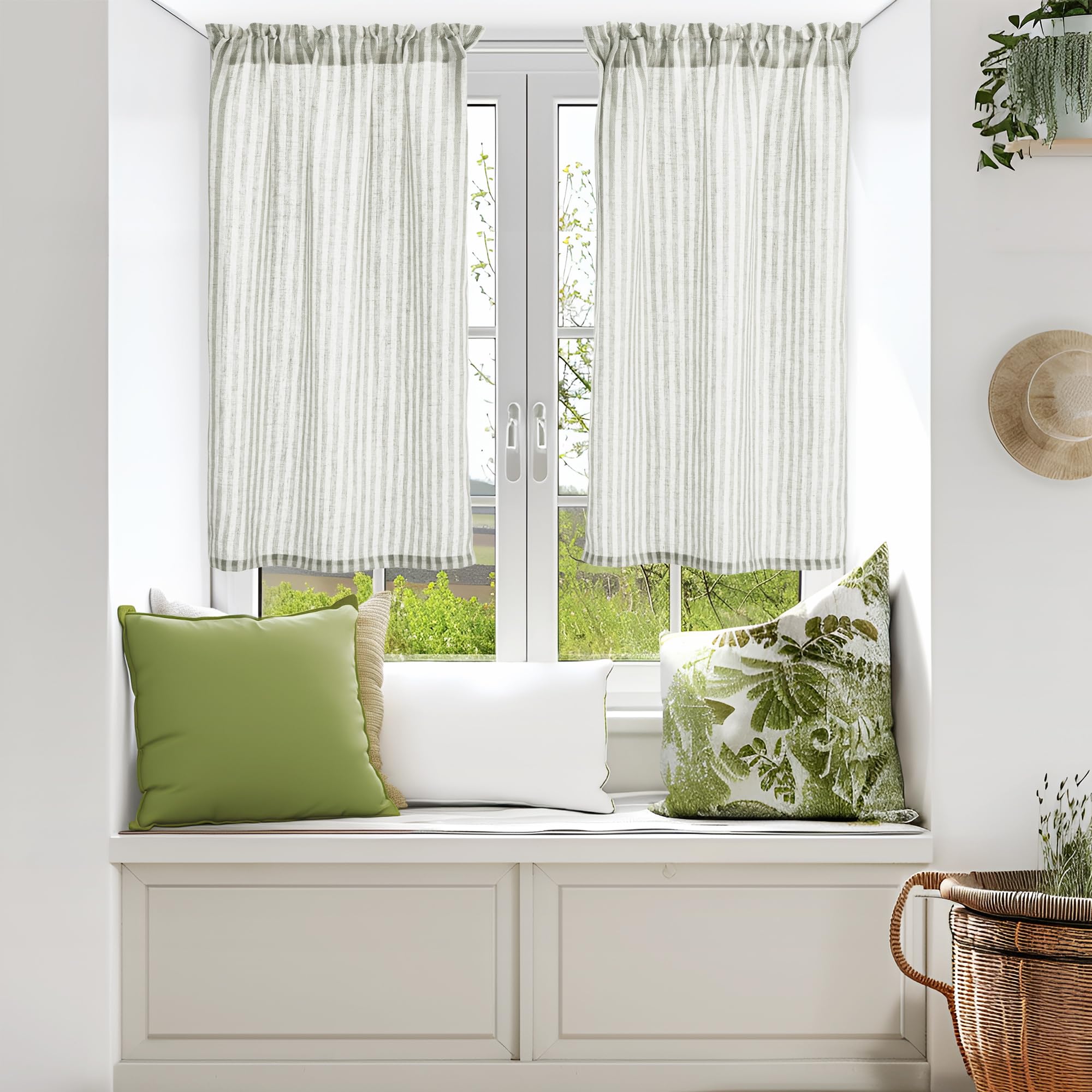 Deconovo Stripe Linen Blend Cafe Curtains - Farmhouse Rustic Tier Kitchen Curtains with Rod Pocket, Grey on Beige (26W x 45L Inch, Set of 2 Panels) - Perfect for Kitchen Windows, Dining Room & Cozy Farmhouse Decor