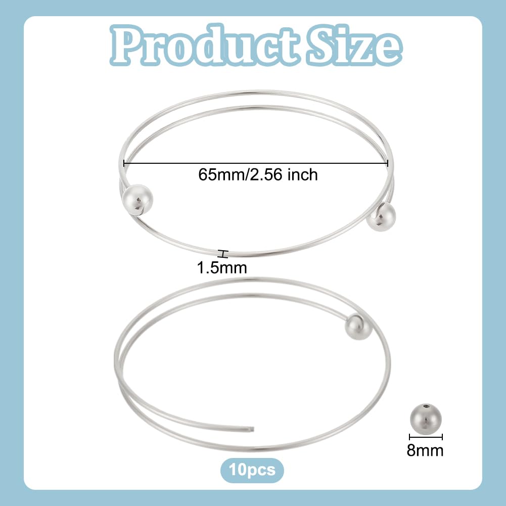 10pcs Adjustable Stainless Steel Blank Cuff Bracelets with Removable Ball Beads - 2.5