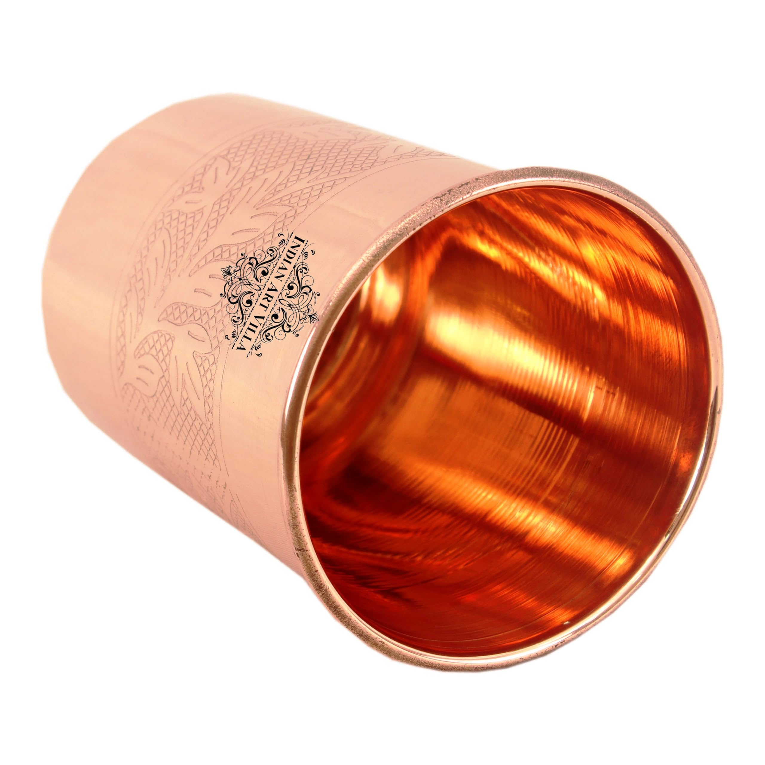 Handcrafted 10 oz Copper Tumbler Set of 6 - Engraved Leaf Design Indian Art Villa Drinkware | Perfect for Home, Kitchen, Restaurants & Gifts | Ideal for Water, Juice, Cocktails & Ayurvedic Drinks