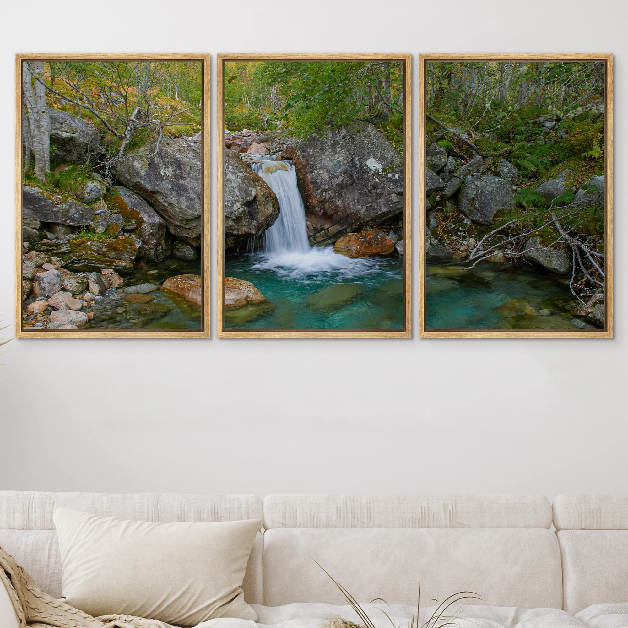 SIGNWIN 3 Piece Framed Canvas Wall Art - Forest Waterfalls Landscape Painting, Nature Scenery Prints for Home Decor, Living Room & Bedroom - 16