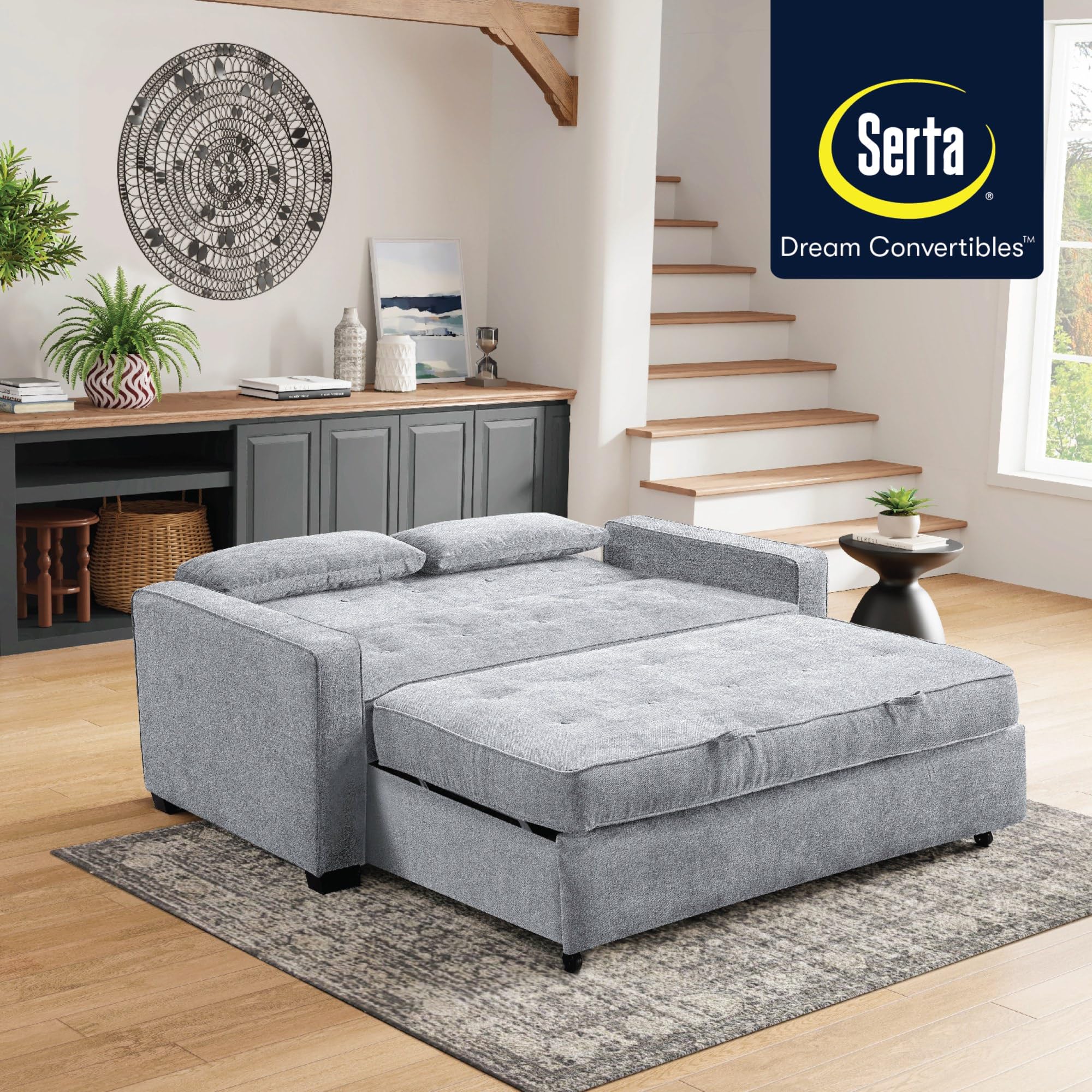 Serta Ainsley Queen Size Convertible Sofa Bed - Light Grey Fabric Sleeper Sofa with Storage | Comfortable for Living Room, Guest Room & Small Spaces