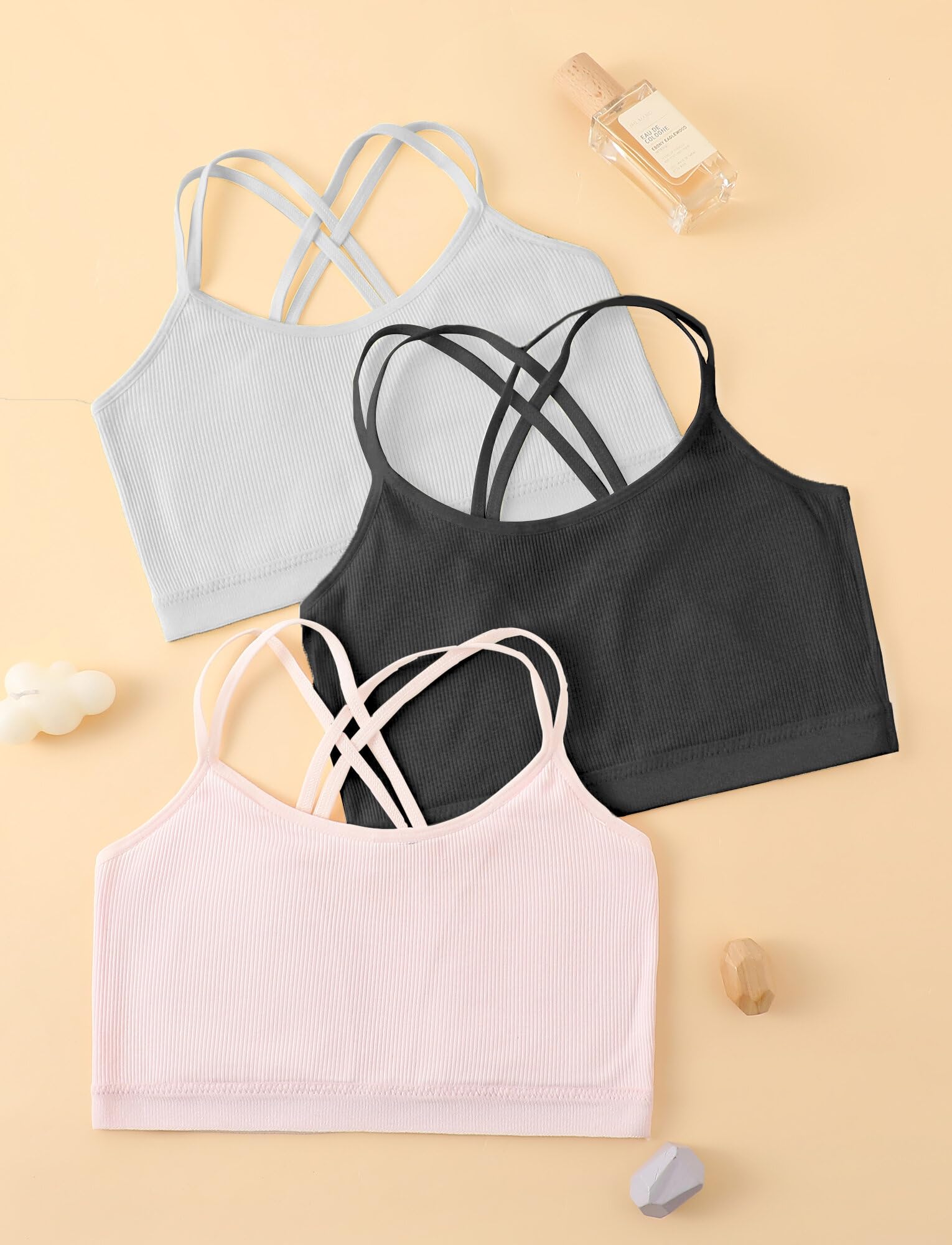 Happy Cherry Girls Training Bras 12-14 Years - Criss Cross Back Cotton Padded Seamless Sports Bralette 3 Pack for Teens - Perfect for School, Sports & Everyday Comfort