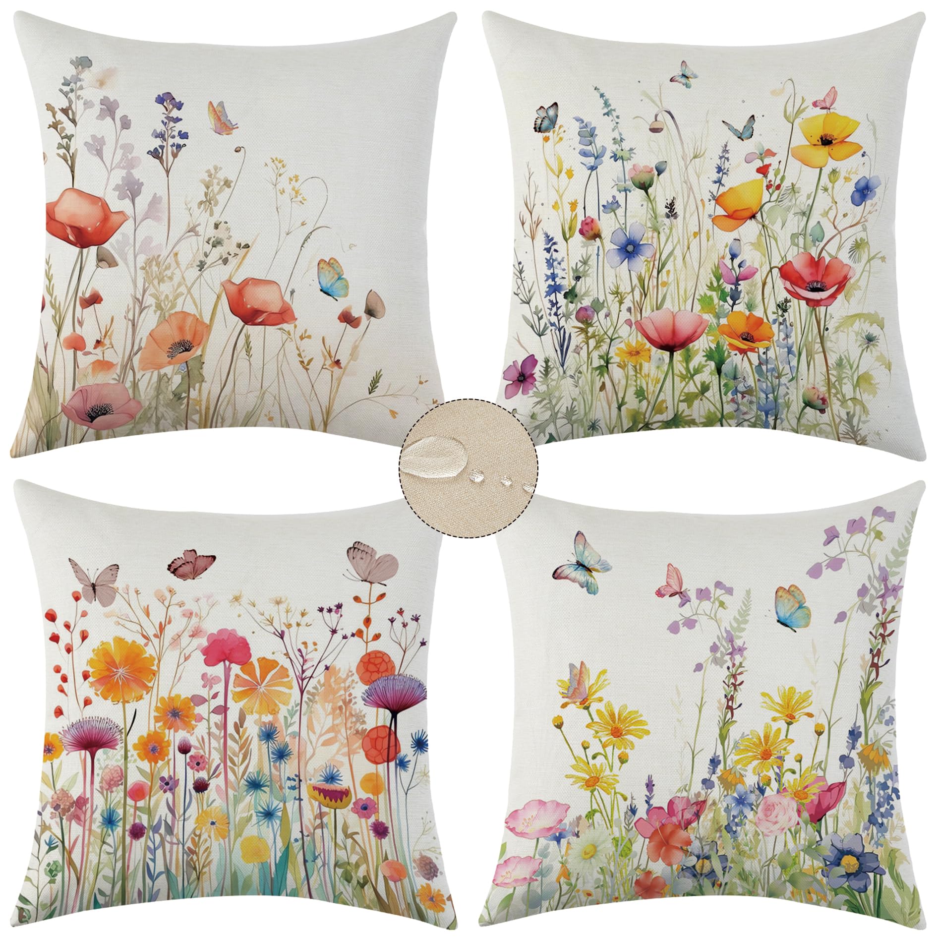 Waterproof Outdoor Pillow Covers 18x18 Inch Set of 4 - Floral Decorative Throw Pillow Covers for Patio, Sofa, Couch - All Weather Spring Summer Home Decor for Garden, Porch, Backyard
