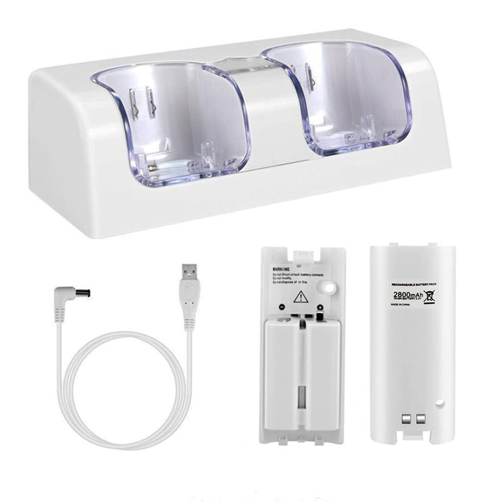 OSTENT Nintendo Wii Remote Charger Dock Station with 2 Rechargeable Battery Packs - White | Fast Charging Dock for Wii Controllers | Perfect for Gaming Sessions & Multiplayer Parties