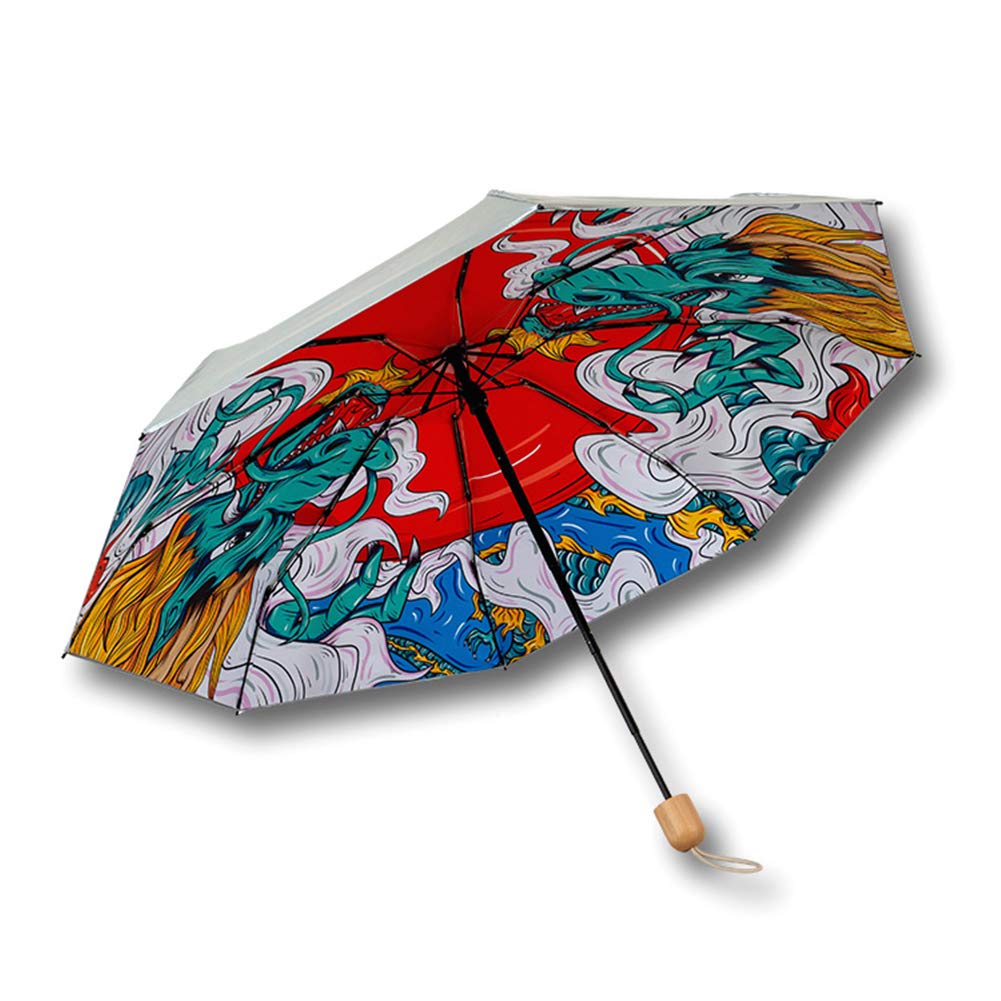 AIWKR Mini Folding Travel Umbrella - Compact Portable Pocket Size with UV Protection & Carry Case | Chinese Double Dragon Design | Perfect for Rainy Days, Beach Trips & Outdoor Adventures