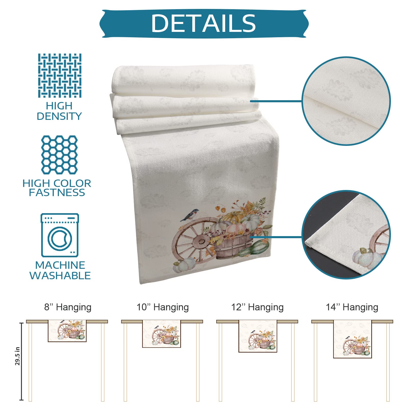 72 Inch Cotton Linen Table Runner - Farmhouse Autumn Decor with Pumpkin & Maple Leaf Design for Dining Table, Coffee Table, Wedding & Banquet | Fall Harvest Kitchen Decor