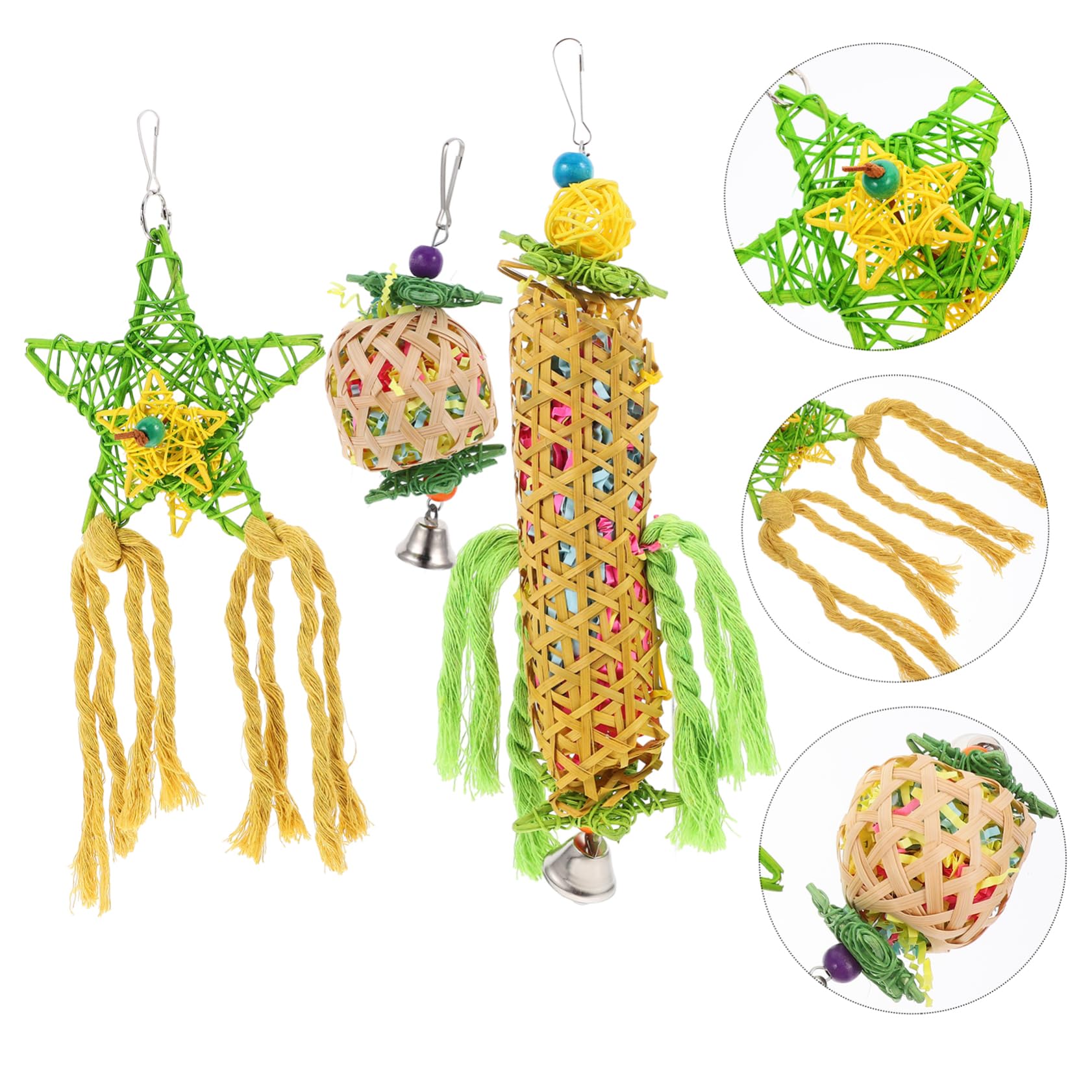 3pcs Parrot Chew Toys - Natural Wooden Skewers, Foraging Paper & Rattan Ball - Bird Molar & Shredder Toys for Parakeets, Cockatiels, Lovebirds - Perfect for Cage Hanging & Mental Stimulation
