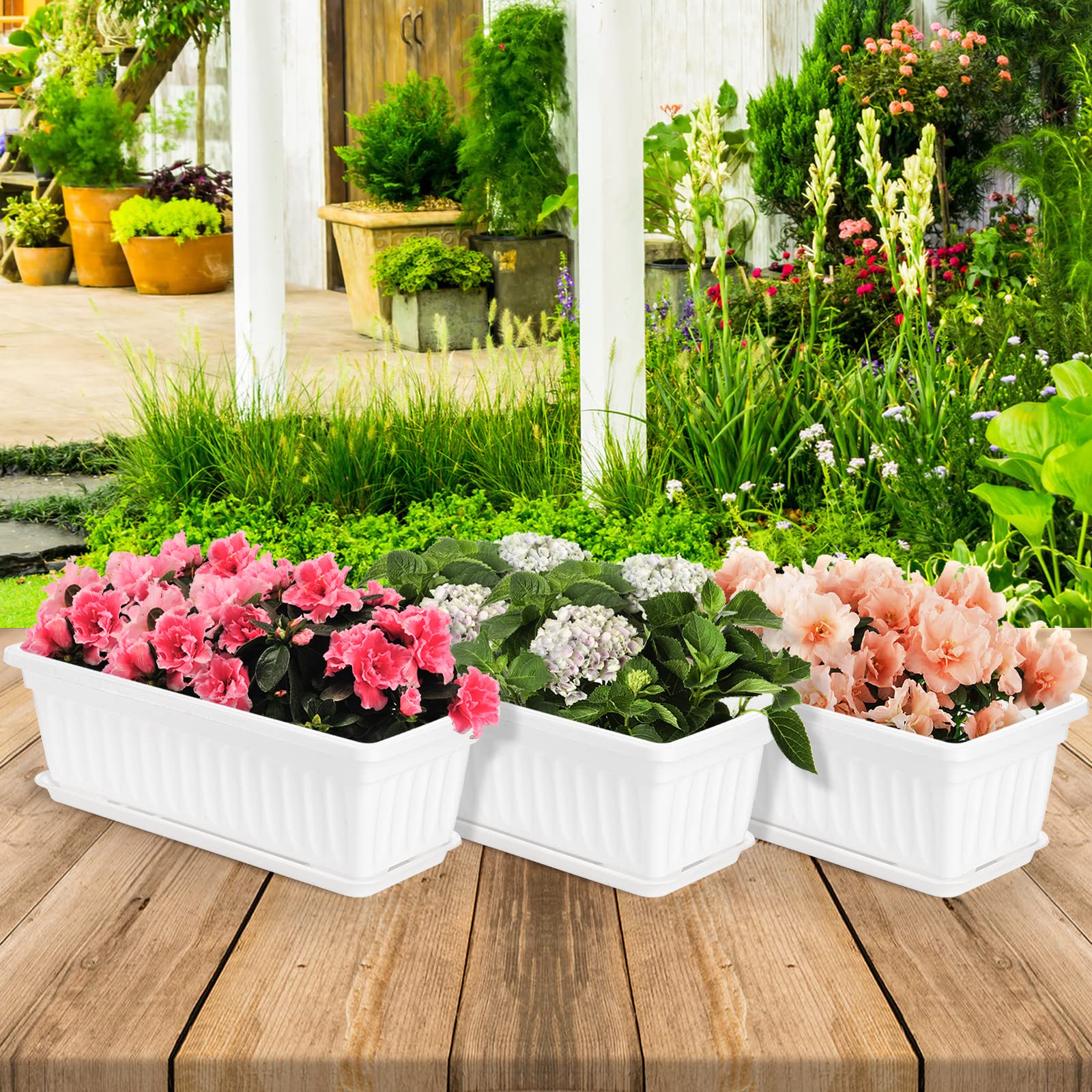 Fasmov 7 Pack 17 Inch White Flower Window Box Planter with Drainage Tray - Plastic Vegetable Garden Planters for Herbs, Flowers, Succulents - Perfect for Balcony, Window Sill, Patio, Indoor & Outdoor Gardening