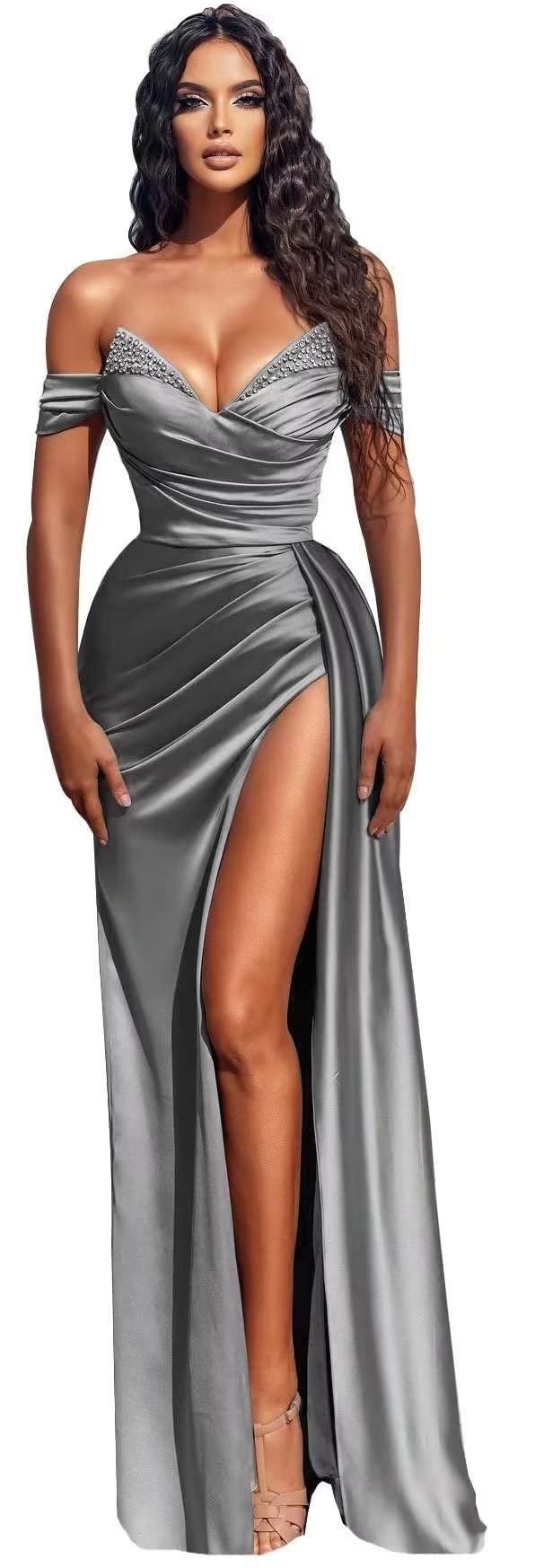 EVWWEN Off Shoulder Mermaid Prom Dress 2024 - Satin Ball Gown with Long Slit & Beaded Details for Women - Perfect for Evening Parties, Formal Events, Homecoming & Prom Night