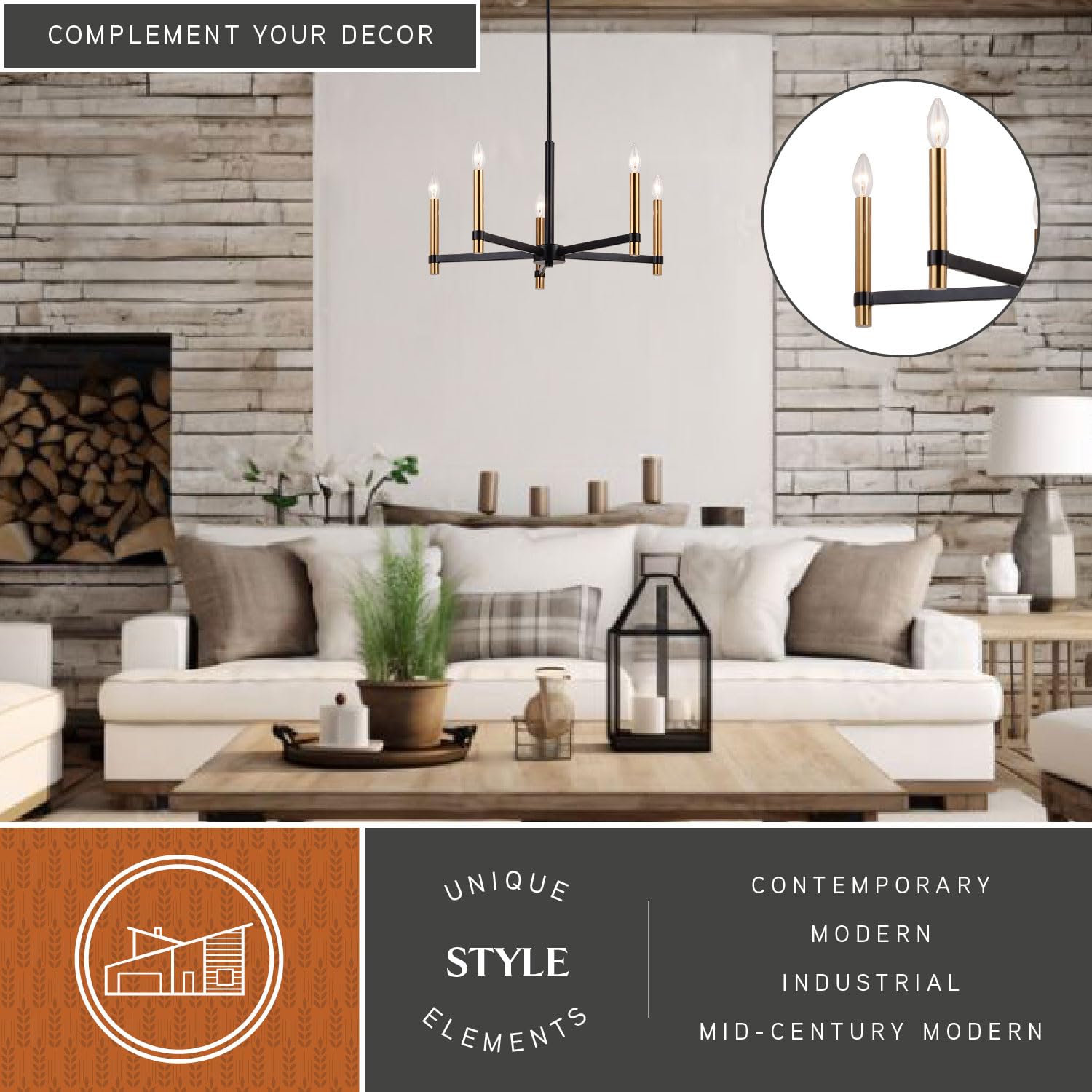 VAXCEL 5-Light Black and Brass Contemporary Candle Chandelier for Dining Room, Bedroom, or Entryway - Elegant Modern Lighting Fixture