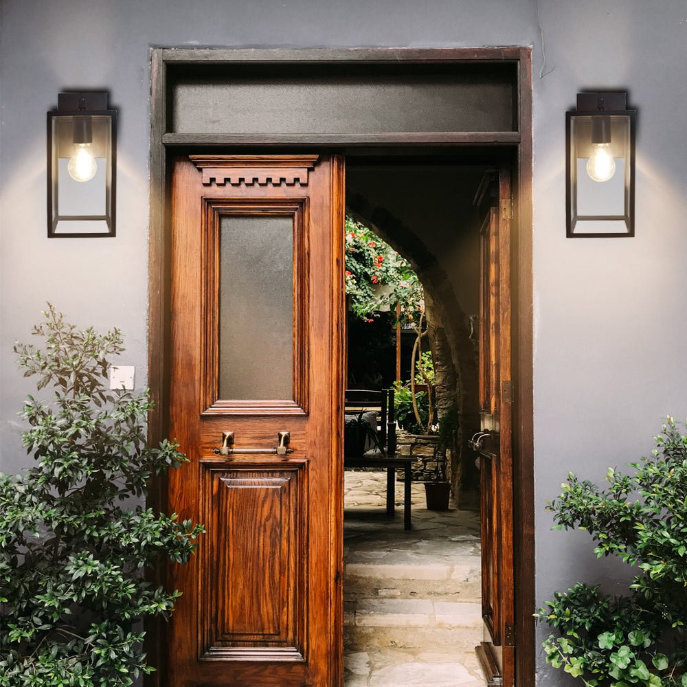 40W Outdoor/Indoor Wall Sconce with Dusk-to-Dawn Sensor - Matte Black Rust-Resistant Wall Lantern with Clear Glass Shade - Perfect for Garage, Doorway, Entryway, Patio & Backyard Lighting