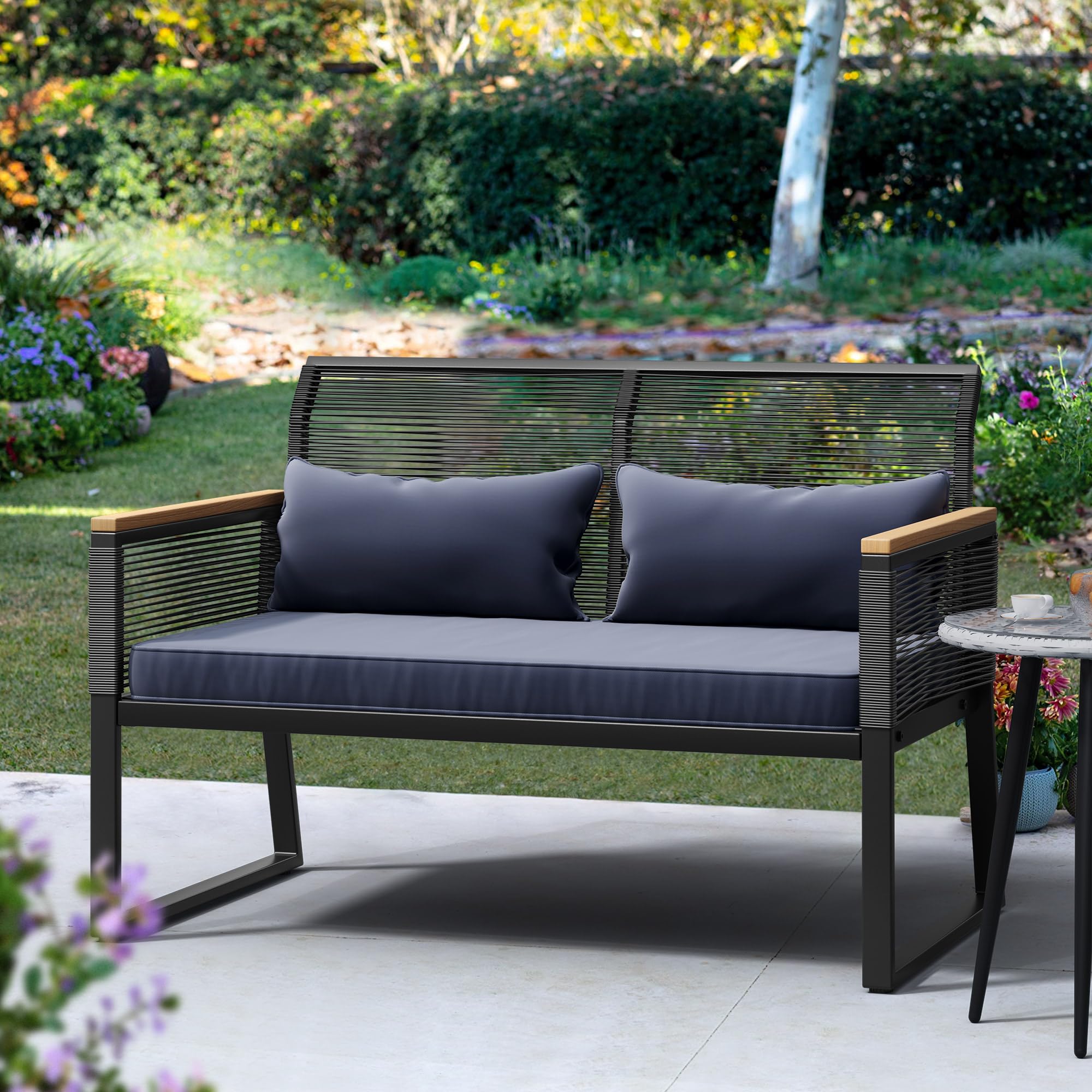YITAHOME All-Weather Wicker Patio Loveseat - Outdoor Rattan Conversation Set with Wooden Armrest & Dark Gray Cushions for Backyard, Balcony, Deck, Garden - Perfect for Relaxing, Entertaining & Outdoor Lounging
