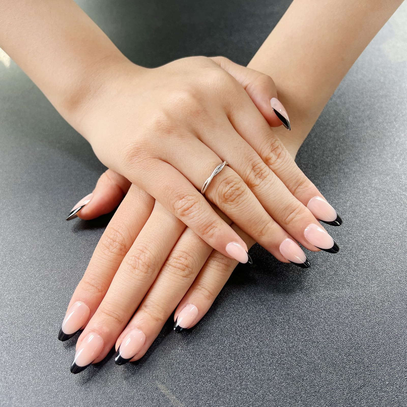 French Tip Press On Nails Almond Shape - Short Reusable Fake Nails Kit for Women (30 Pcs, Black French 120) - 15 Sizes, Natural Look, Easy Glue On - Perfect for Parties, Weddings & Everyday Wear