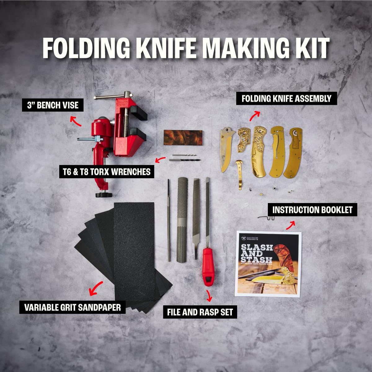 Man Crates Folding Knife Making Kit with Blade, Linen Micarta Handle Scales, Vise & Tools - DIY Knife Crafting Set for Men - Perfect Gift for Outdoorsmen, Campers & Survival Enthusiasts