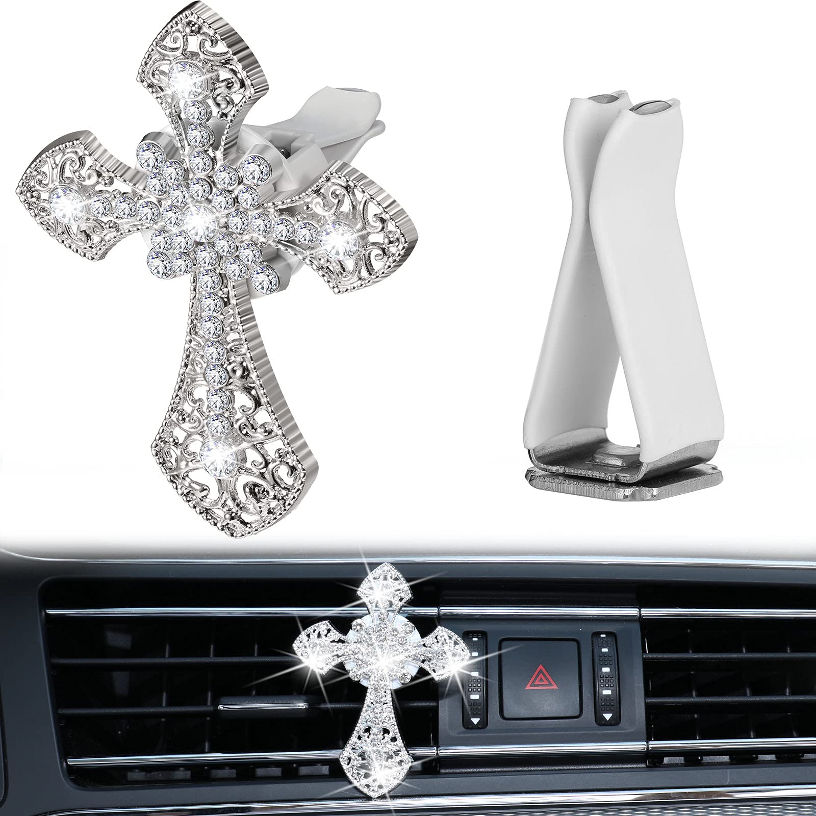 Sparkling Crystal Cross Rhinestone Car Air Vent Clip - Silver Bling AC Vent Charm for Women & Girls | Stylish Car Interior Decoration Accessory | Perfect for Daily Commute, Road Trips & Gift Giving