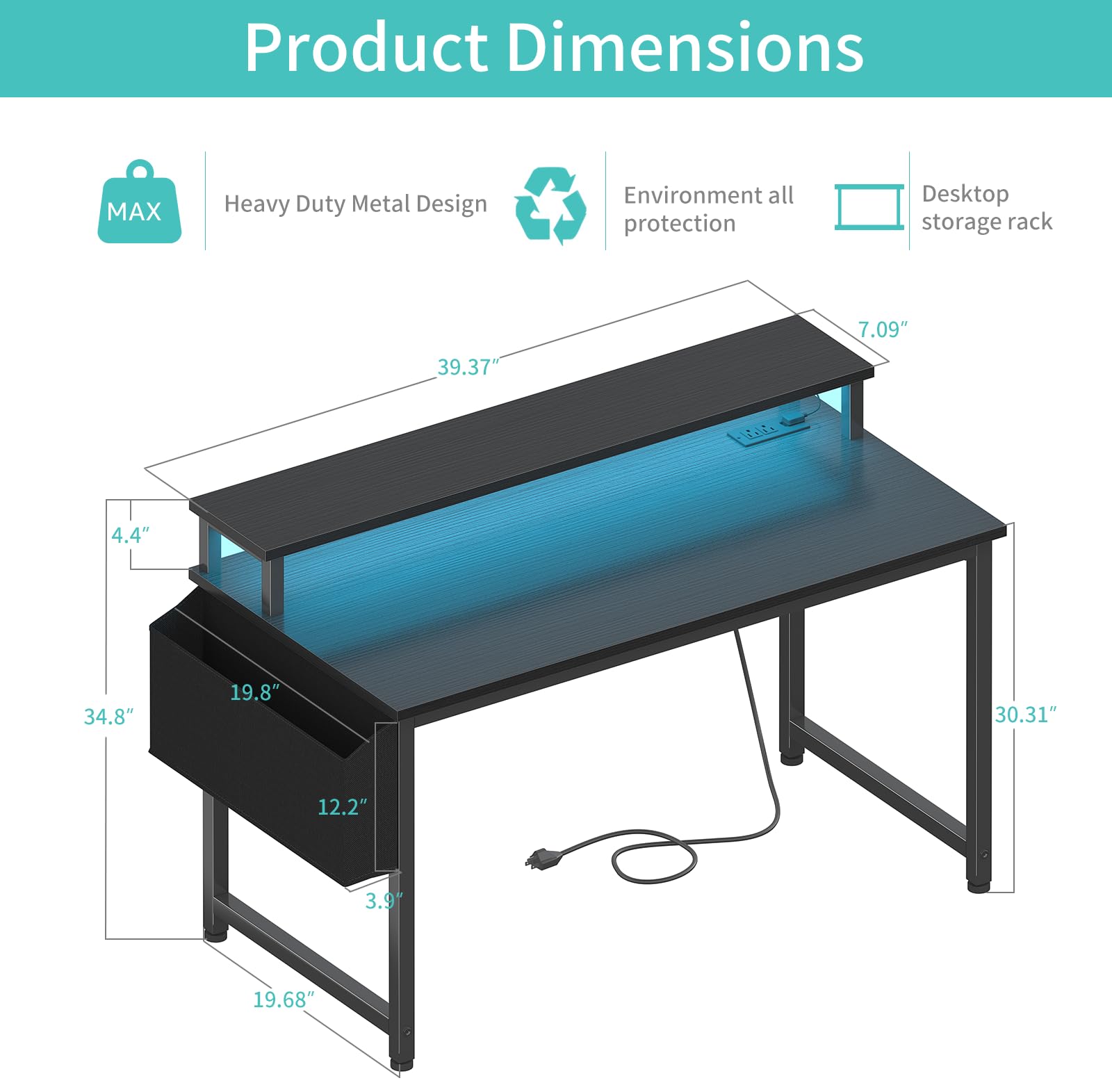 Lufeiya 40 Inch Black Gaming Desk with LED Lights, Power Outlets & USB Charging Station - Ergonomic Computer Desk with Monitor Stand for Home Office, Gaming Setup & Teen Study Room | Perfect for Streaming, Online Classes & Work from Home