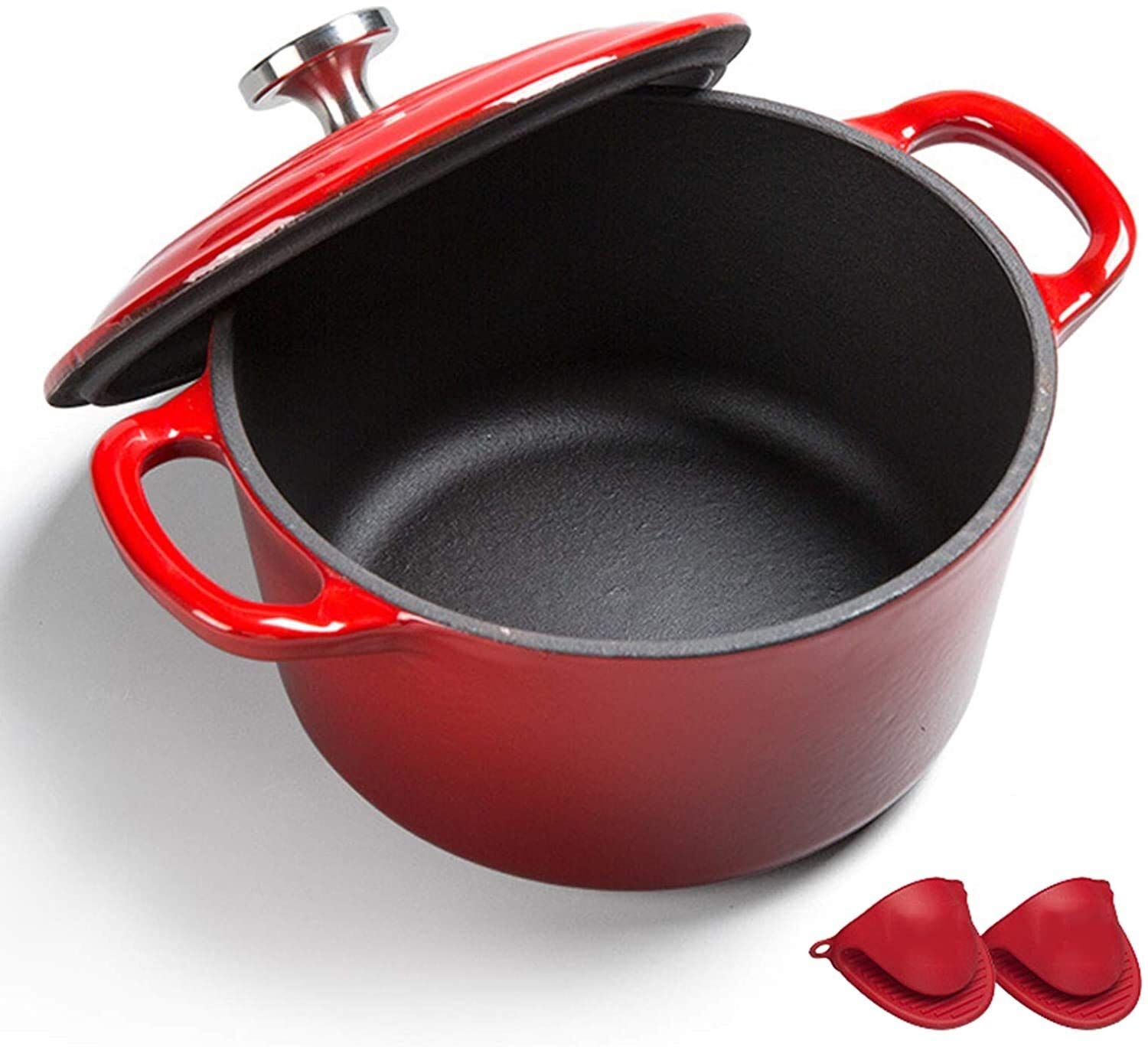 Premium Enamel Coated Cast Iron Dutch Oven - 5.5QT Nonstick Ceramic Casserole Pot with Lid for Baking, Braising, Roasting & Slow Cooking (Red) - Ideal for Soups, Stews, Bread Baking & Camping Meals