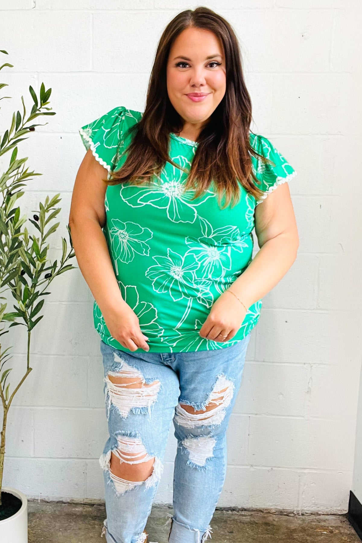 Follow Me Emerald Floral Ric Rac Trim Flutter Sleeve Blouse - Elegant Women's Fashion Top for Parties, Dates & Summer Outfits