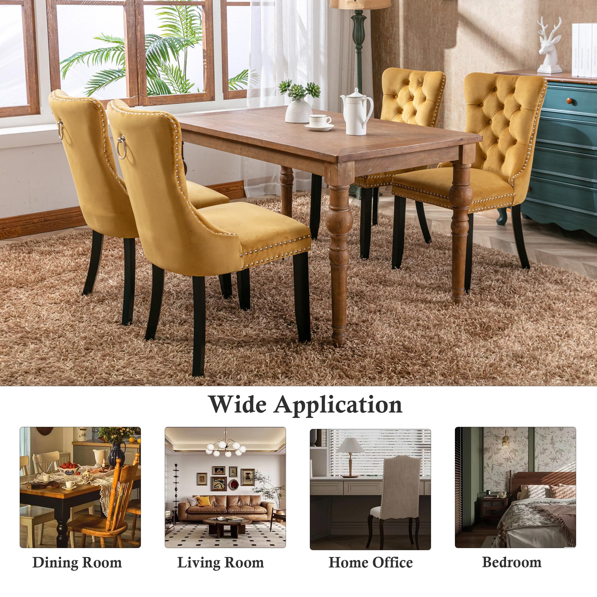 Rhomtree Set of 2 Velvet Dining Chairs - Luxury Tufted Back with Nailhead Trim, Gold Finish, Solid Rubber Wood Legs - Perfect for Kitchen, Dining Room, or Home Office Seating