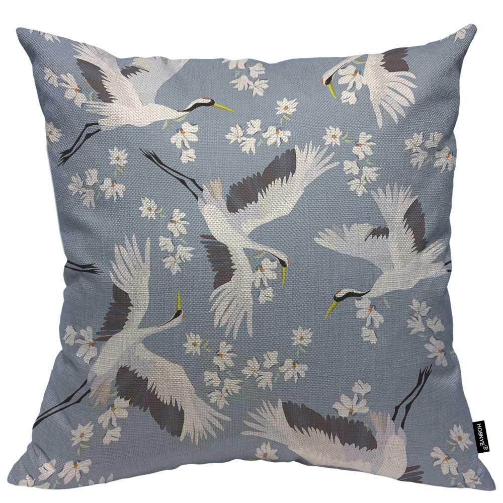 Flying Bird Floral Cotton Linen Throw Pillow Covers 18x18 Inch - Blue & White Crane Design for Couch, Bed, Sofa & Car Decor | Home & Office Decorative Accent