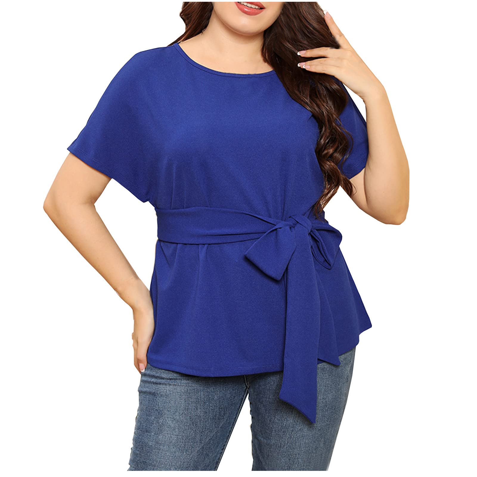 Women's Plus Size Summer Short Sleeve Crew Neck T-Shirt - Dressy Loose Tunic Top with Belt - Comfortable Blouse for Casual Wear & Office Outfits