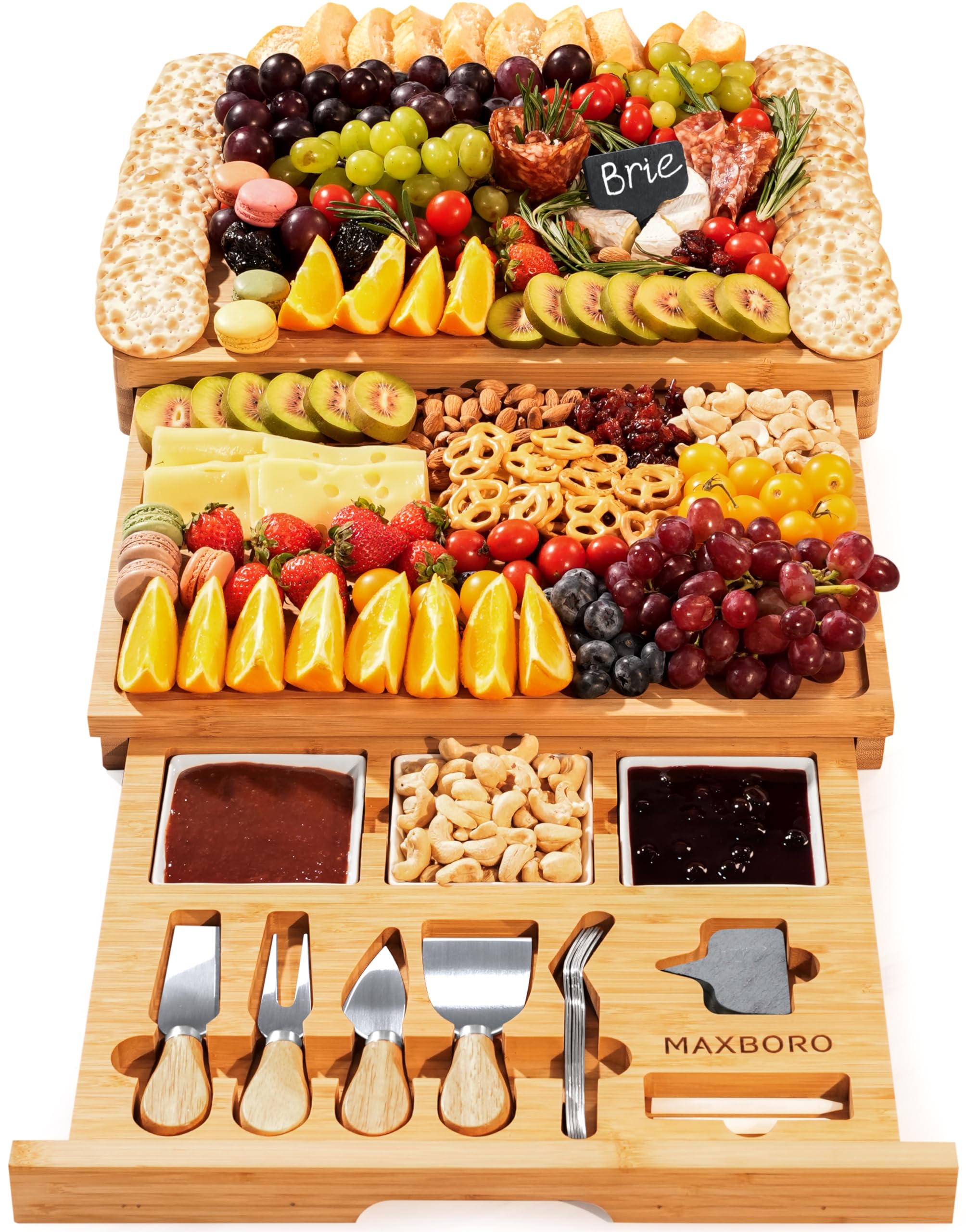 Extra Large 33.7x15.7 Inch Bamboo Charcuterie Board Set with Knives - 100% Natural Cheese Platter Tray for Entertaining - Perfect Housewarming Gift for Women & Mom - Ideal for Parties, Wine Nights & Charcuterie Displays