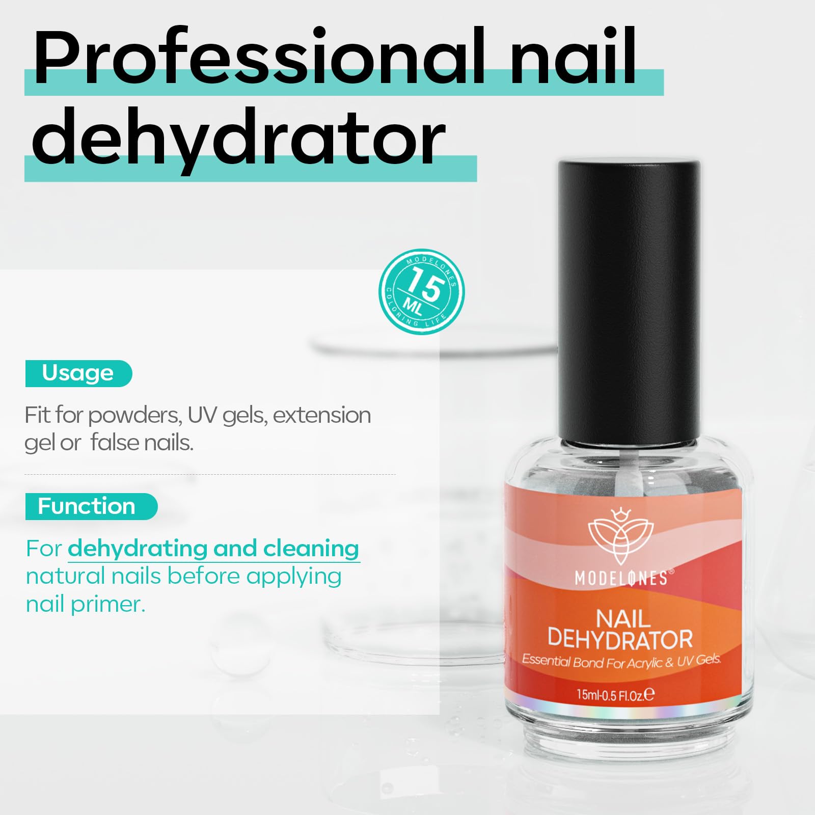 Modelones Nail Dehydrator - 15ml Nail Prep Solution for Acrylic & Gel Polish Application - Perfect for Salon & DIY Manicures at Home