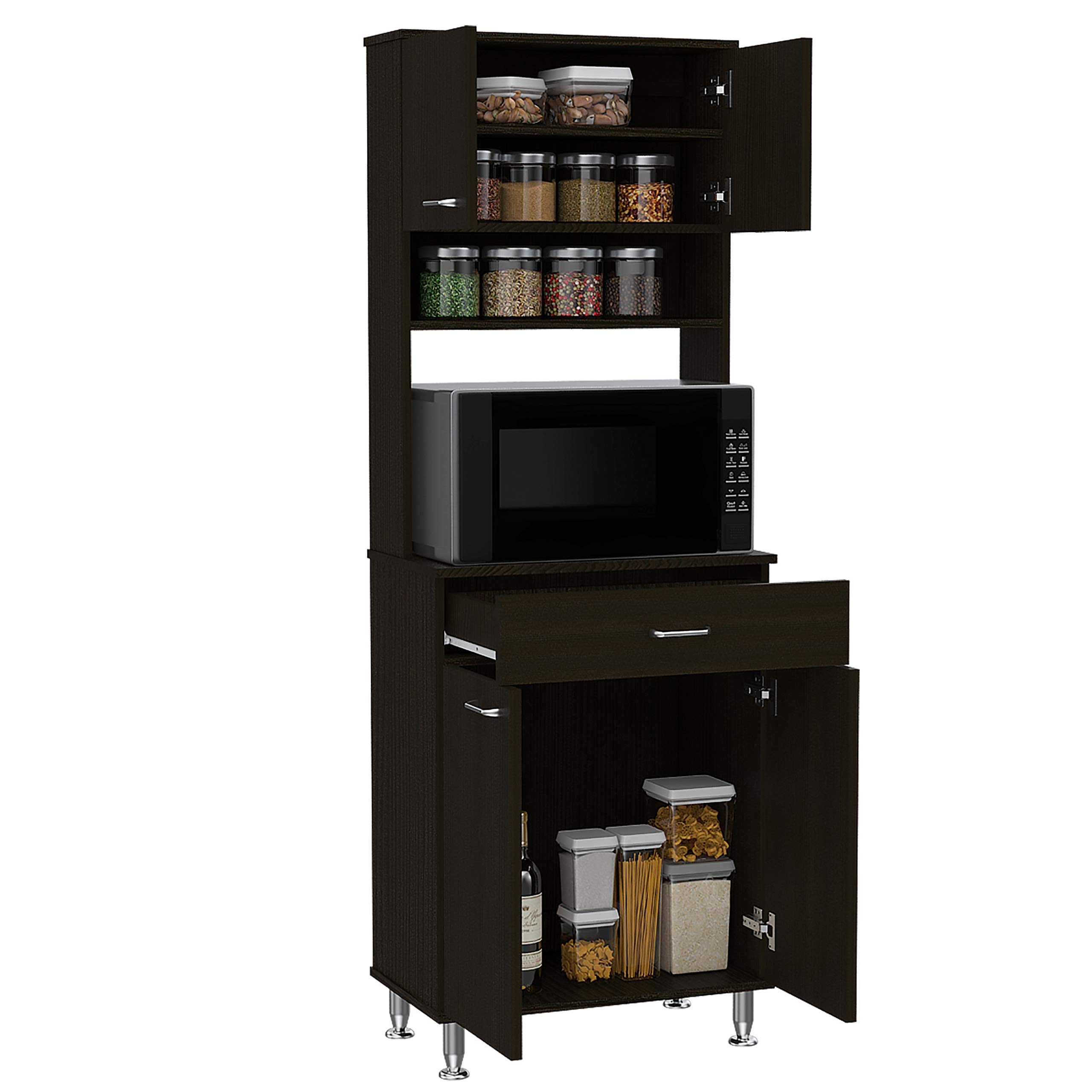 Bay Area Pantry with 2 Double Door Cabinets, Drawer & 2 Open Shelves - 4 Metal Legs, Black Wenge Finish for Kitchen Storage & Organization