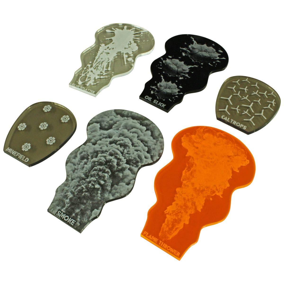 LITKO Gaslands Miniatures Game Accessories - Dropped Weapon Area Effects Templates Set with Smoke, Glue, Caltrops, Mine Field, Flame Thrower & Oil Slick | Variety Pack for Tabletop Wargaming & Car Combat Scenarios
