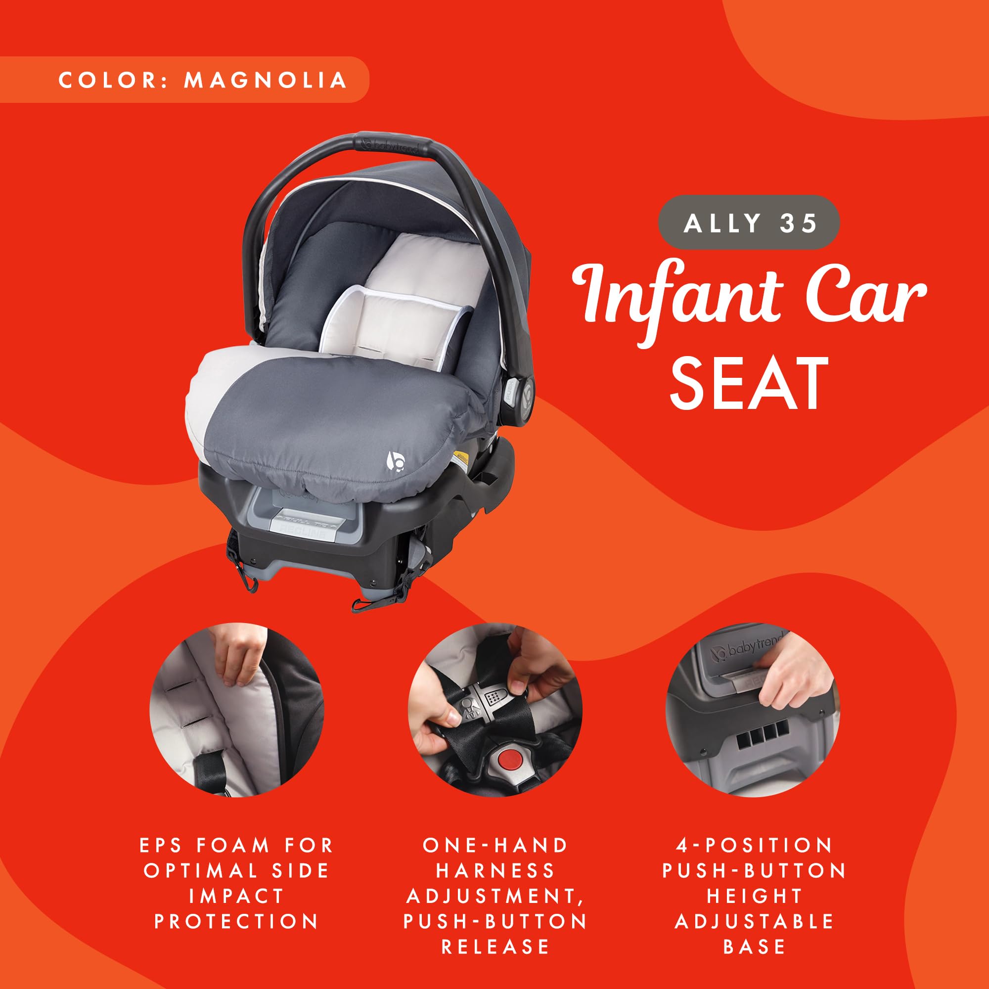Baby Trend Ally Newborn Infant Car Seat Carrier Travel System - 5-Point Harness & Cozy Cover for Babies Up to 35 lbs, Gray Magnolia | Safe & Comfortable for Daily Commute, Road Trips & Air Travel