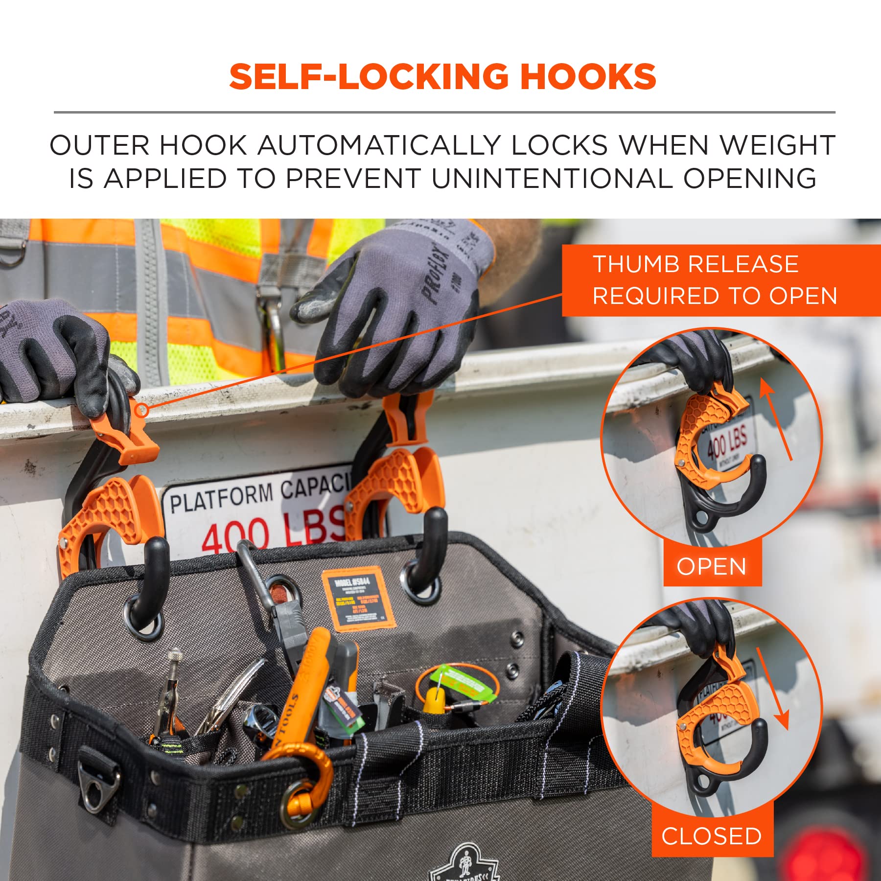 **Ergodyne Arsenal 5846 Heavy-Duty Bucket Truck Tool Bag with Locking Aerial Bucket Hooks – Durable Utility Pouch for Electricians & Linemen – Perfect for Aerial Work & Construction Sites**