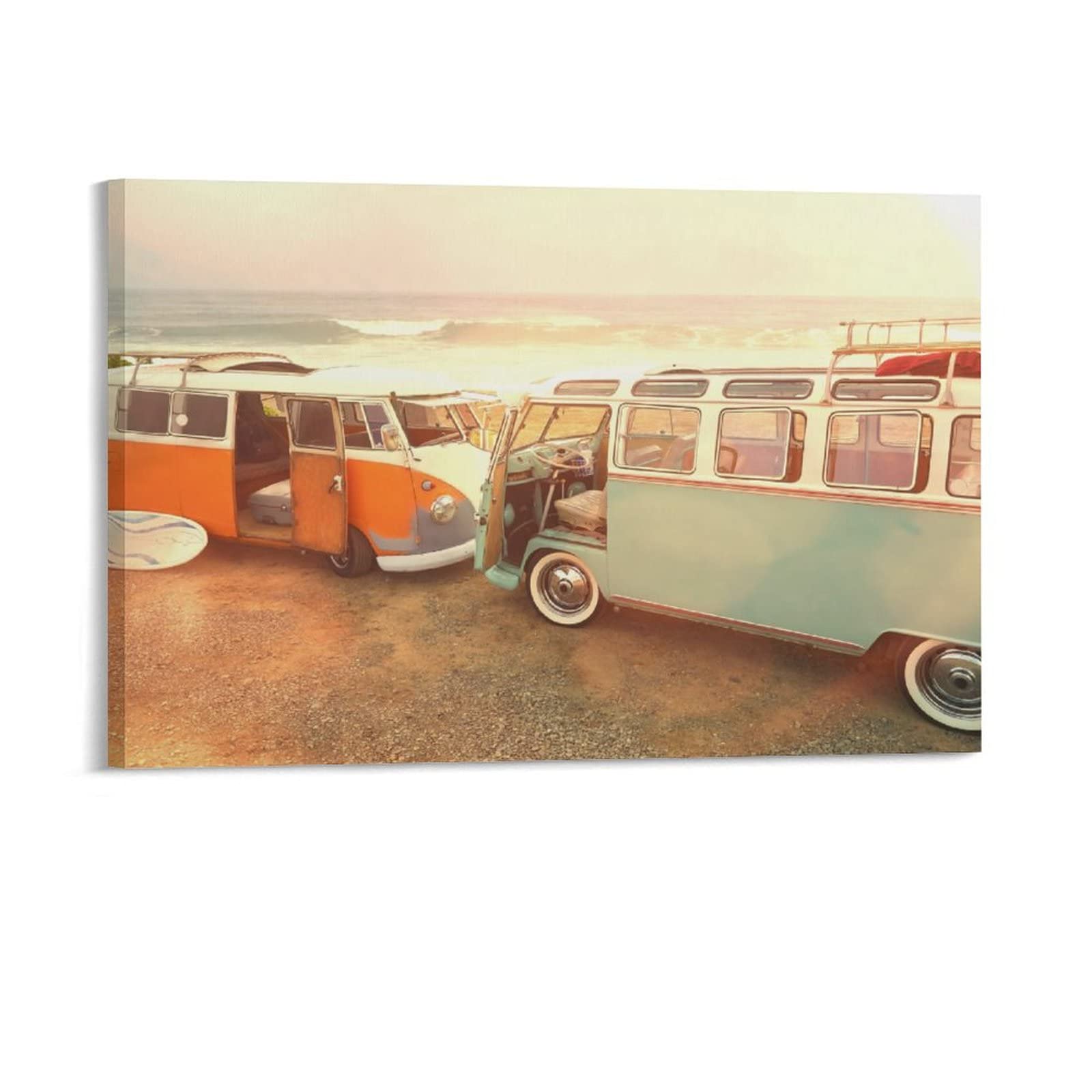 Vintage Van Parked on Beach Canvas Wall Art - 24x36 Inch (60x90cm) Framed Poster Print for Living Room, Bedroom & Office Decor - Perfect Gift for Home, Beach House or Van Life Enthusiasts