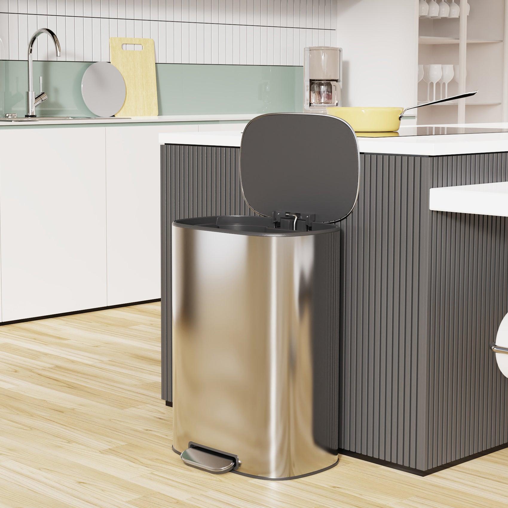 13 Gallon 50L Stainless Steel Step Trash Can with Soft Close Lid - Hands-Free Foot Pedal Kitchen Garbage Bin for Home, Office & Restaurant Use