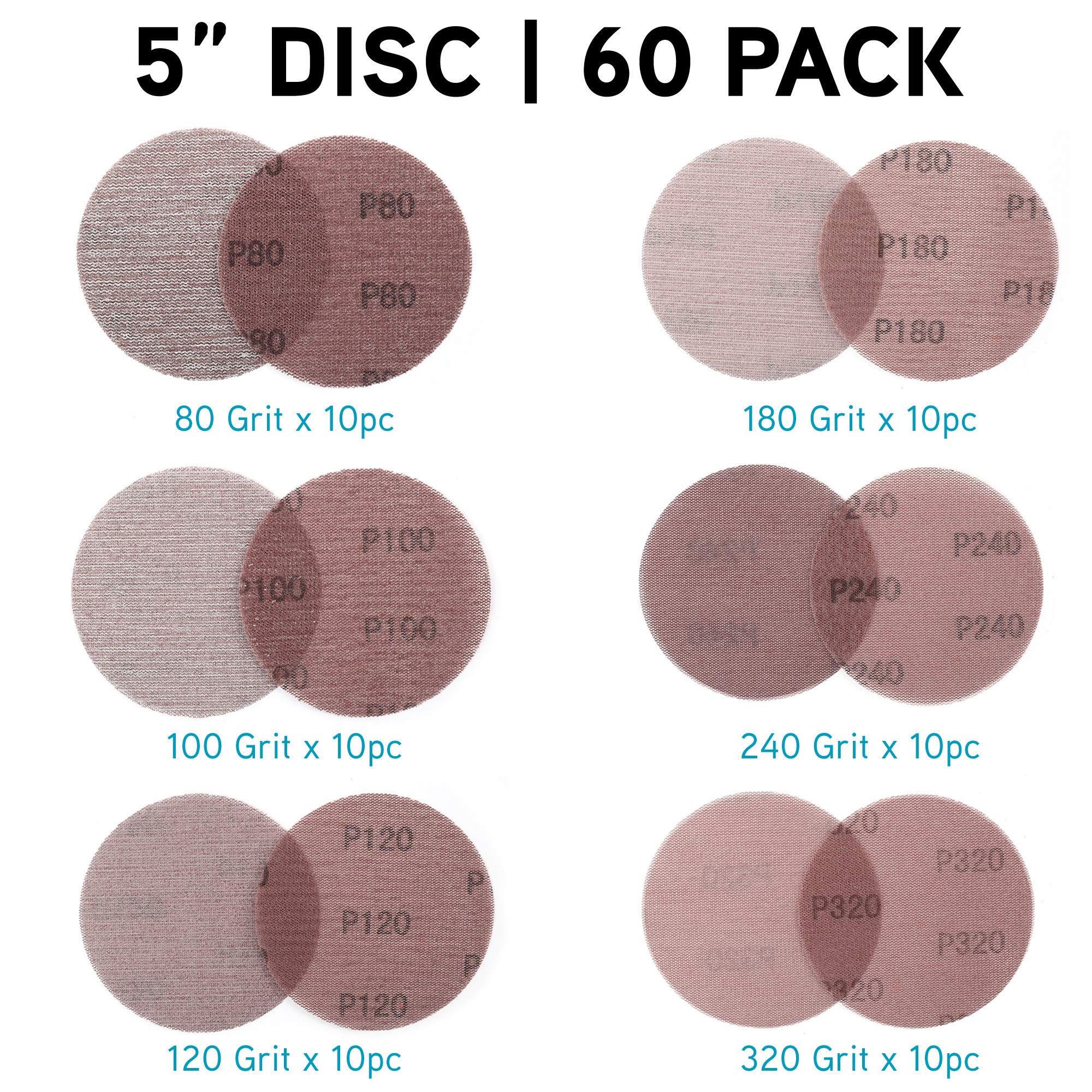 LotFancy 5 Inch 60PCS Sanding Discs Assortment - 80/100/120/180/240/320 Grit Hook & Loop Dustless Sandpaper for Car Polishing, Woodworking, Metal Finishing - Compatible with Random Orbital Sanders & DIY Projects