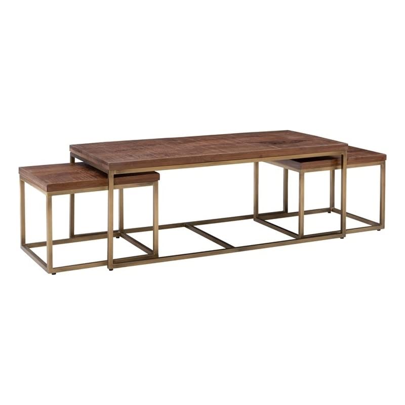 Gold Metal & Wood Coffee Table Set with End Tables for Living Room