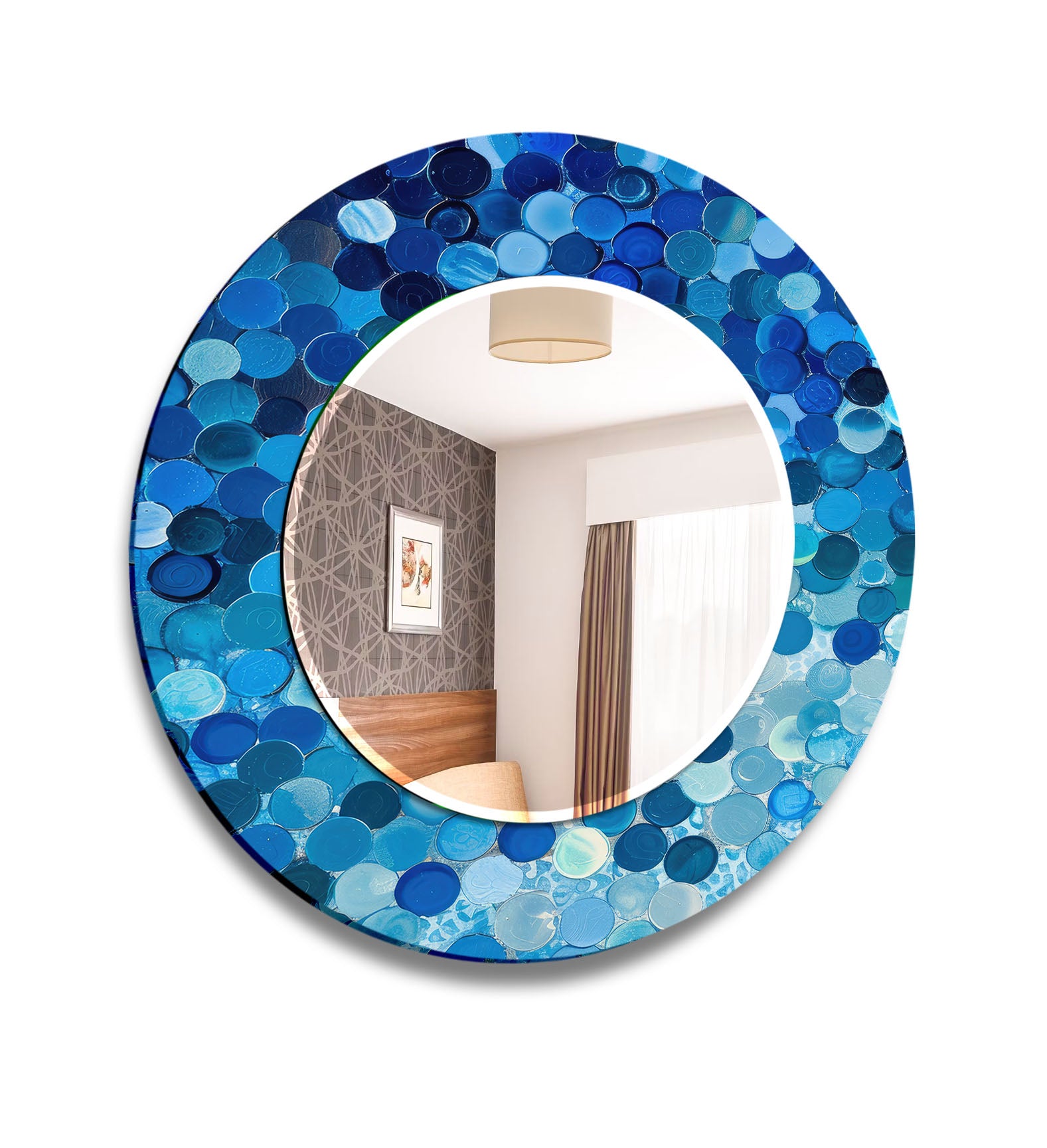Blue Bubble Mosaic Round Wall Mirror - Coastal Style Accent Mirror for Modern Home Decor, Perfect for Bathroom, Bedroom, Living Room, and Entryway