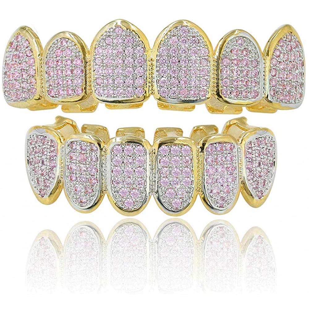 18K Gold Plated Iced Out Pink CZ Teeth Grillz for Women - Adjustable Moldable Dental Jewelry for Parties, Concerts & Hip Hop Fashion