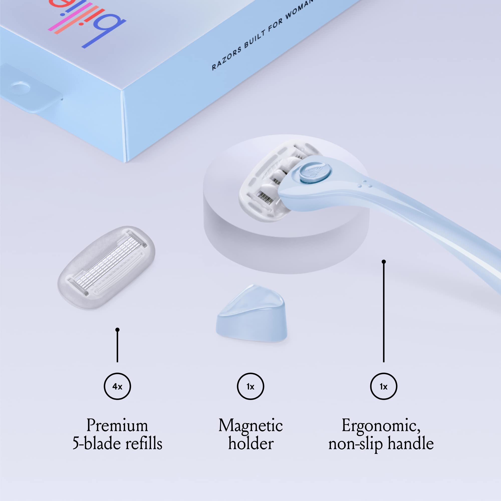 Billie Women's Razor Shaving Kit - 5-Blade Razor with 4 Refills, Magnetic Holder & Travel Case - Cool Blue | Smooth Legs, Underarms & Bikini Line | Perfect for Travel, Gym & Everyday Shaving