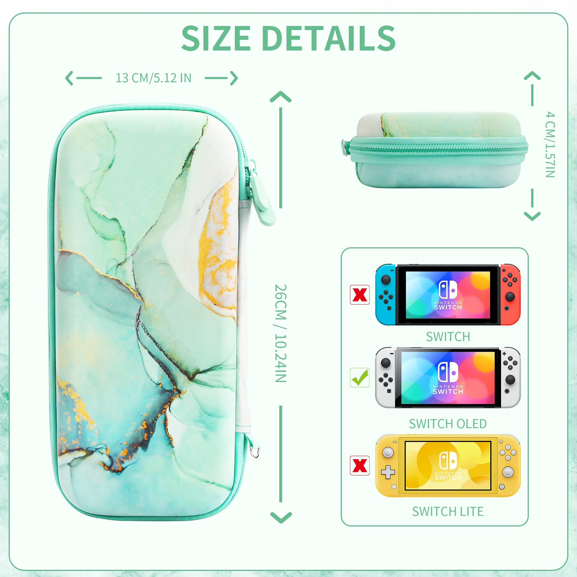 Premium Shockproof Hard Shell Carrying Case for Nintendo Switch OLED - Travel Bag with PC Protective Cover, Screen Protector, Shoulder Strap & 2 Thumb Grips (Green Marble) - Perfect for Gaming on the Go, Travel Protection & Accessory Storage