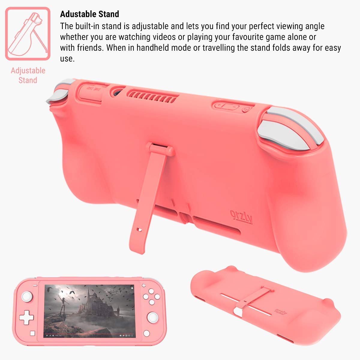 Orzly Comfort Grip Case for Nintendo Switch Lite - Padded Hand Grips, Adjustable Kickstand & Bonus Thumb Grips - Coral | Perfect for Gaming On-The-Go & Travel Protection