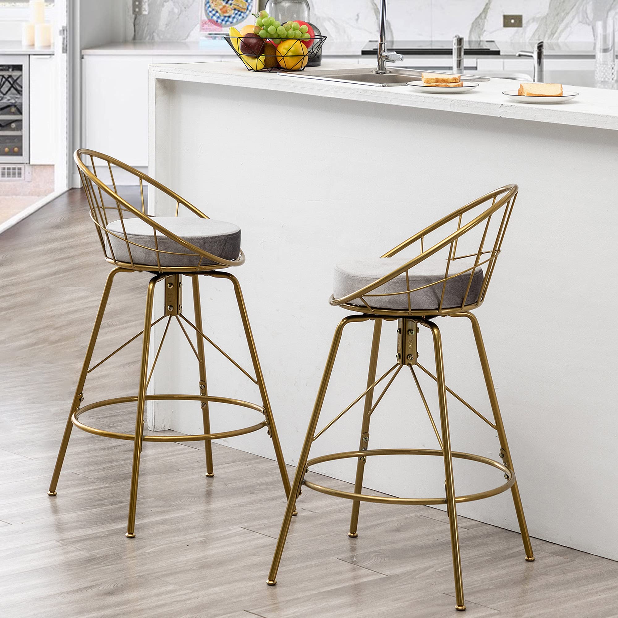 ALISH 24 Inch Swivel Counter Height Bar Stools with Back - Set of 2 Kitchen Bar Chairs (Gold Frame with Gray Cushion) for Dining Room, Kitchen Island & Home Bar Decor